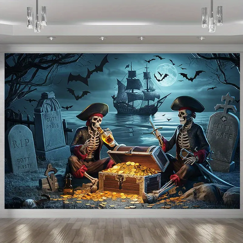 Party Banner 1pc, Skeleton Pirates Treasure Hunt Background Decoration Background Photo Props, Polyester Banner Decor, Home Decor, Room Decor, Wall Decor, Party Background Decor, Party Decor/supplies/gifts Decorative Background