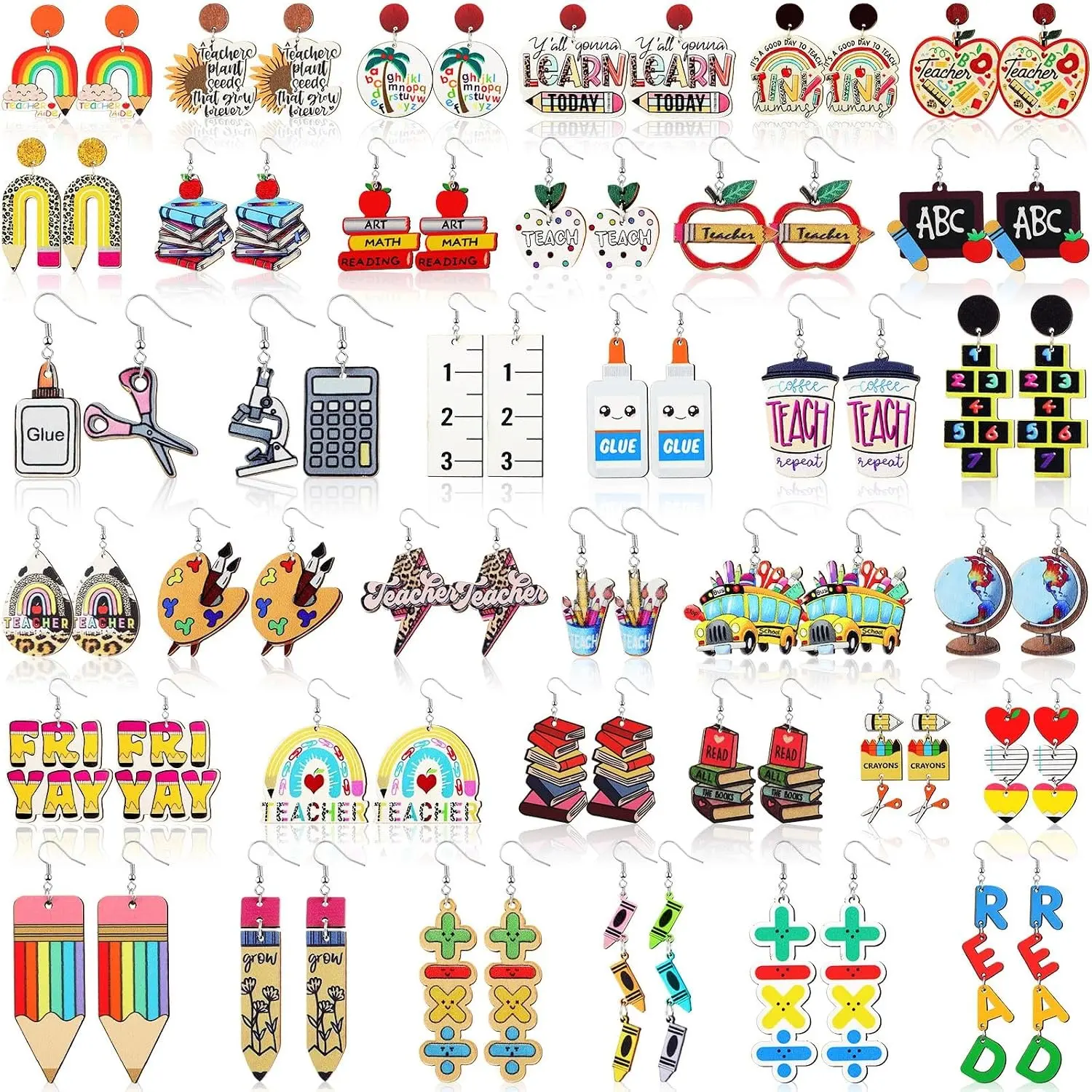 36 Pairs Teacher Earrings for Women Fun Wooden Studs Bulk Cute Back to School Dangle Earrings Sets Colorful Pencil Apple Rainbow Jewelry Classroom Appreciation Gift