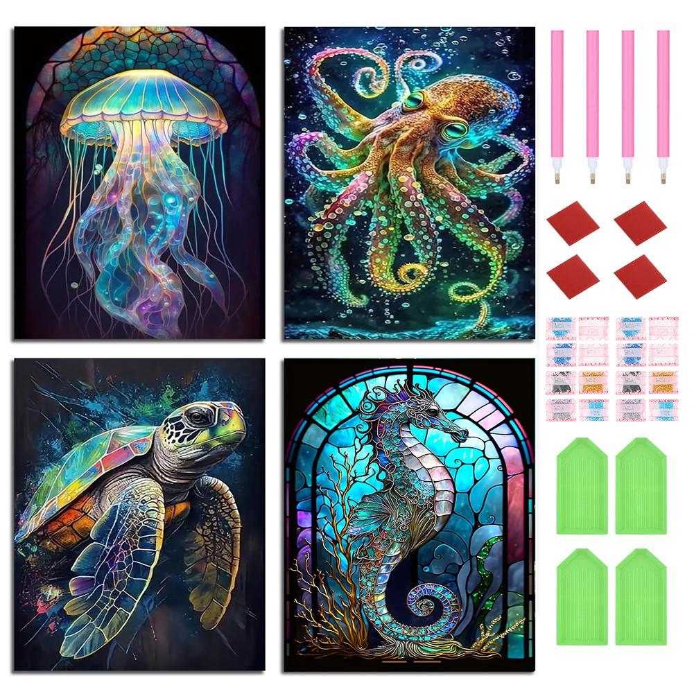 Marine Life Pattern DIY Diamond Arts Painting Kit without Frame, 4 Counts/set DIY 5D Diamond Arts Colorful Painting Kit, Wall Art Decor for Home, Diamond Painting Kits