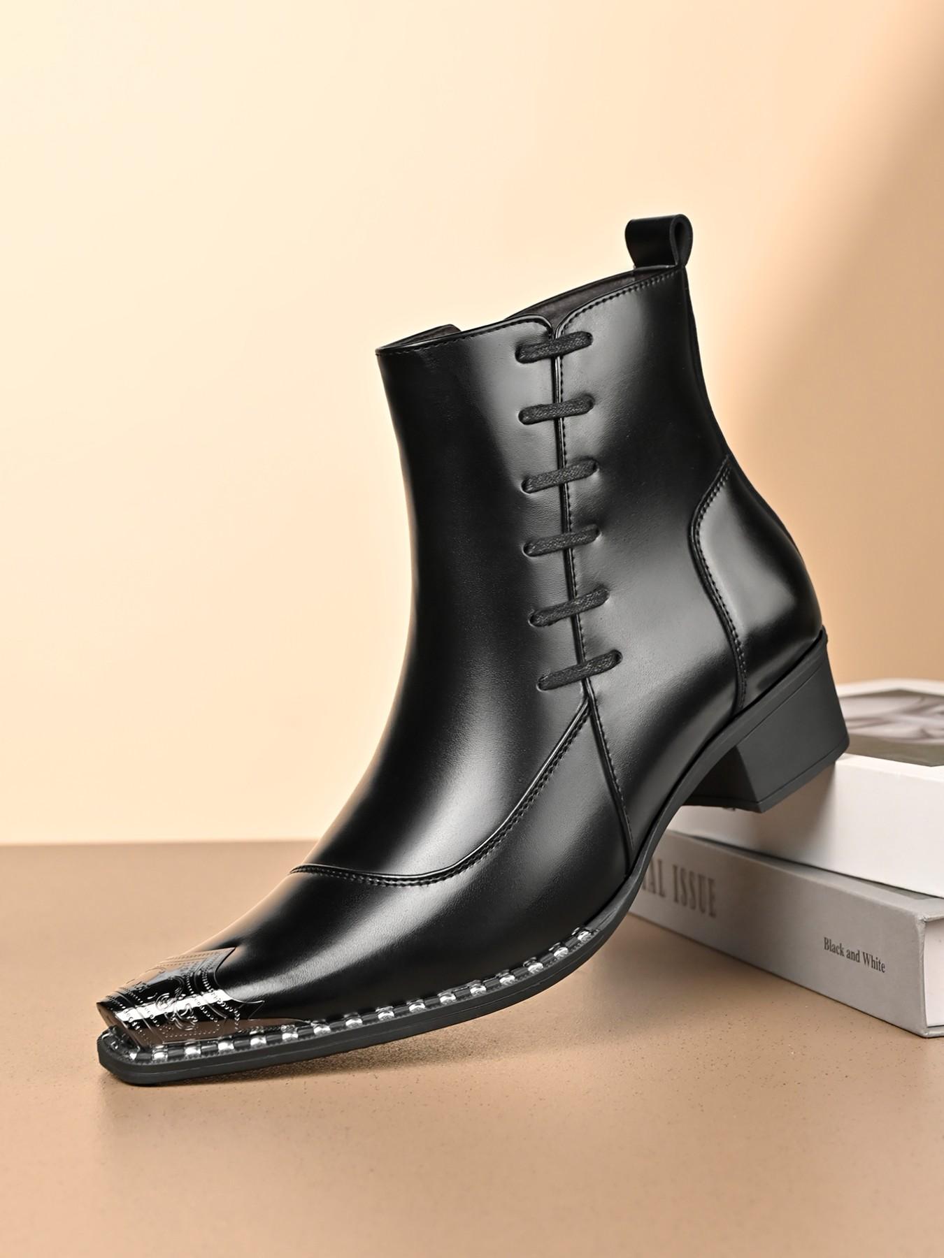 Men's British Style High Heel Pointed Toe Short Boots, Business Casual Fashion Low Heel Rubber Sole, Office Daily Wear