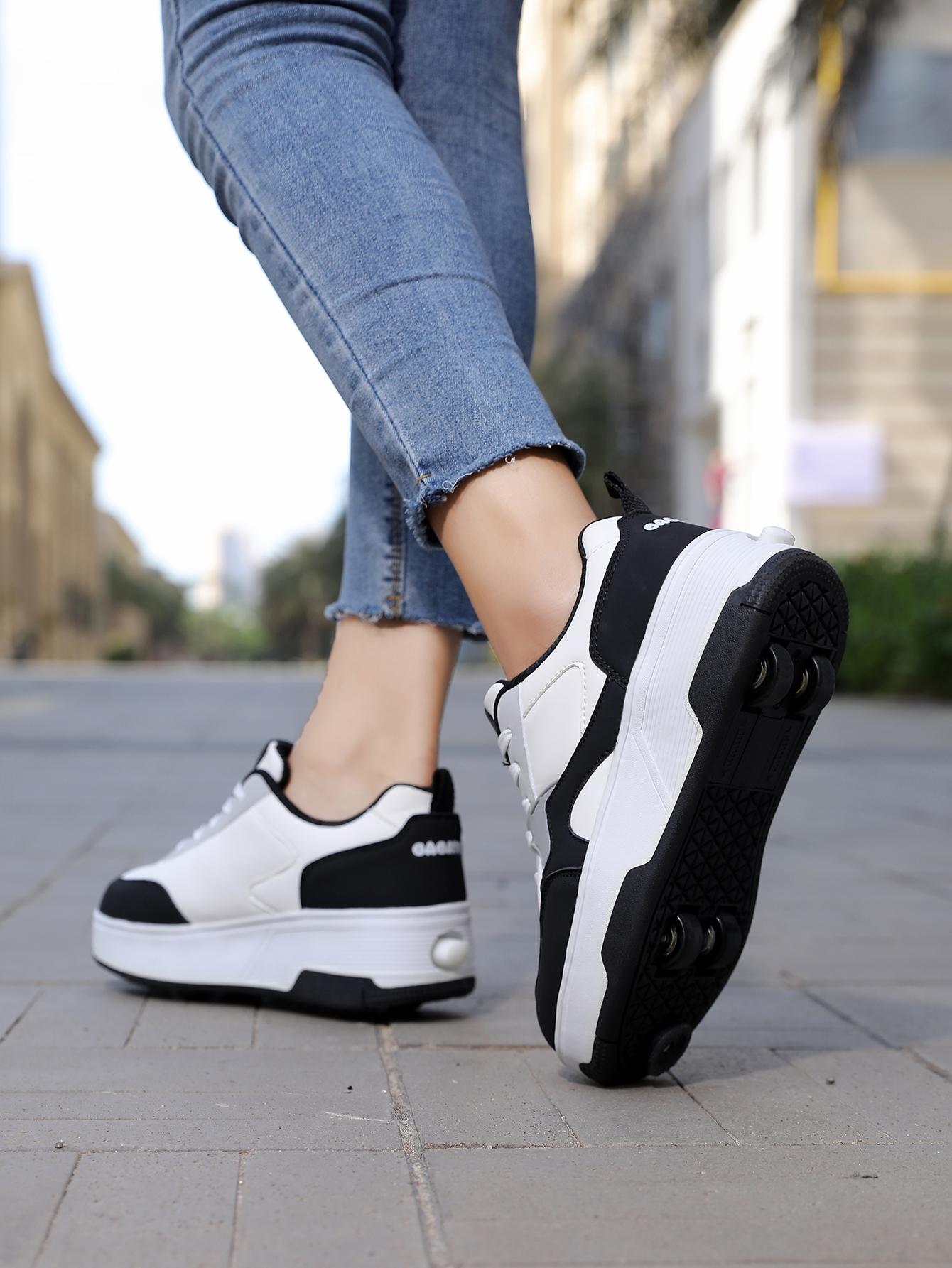 Unisex Button-Operated Four-Wheel Roller Skates, PU Leather Lightweight Durable Dual-Roller Invisible Skate Shoes, All Seasons, Shoes With Wheels