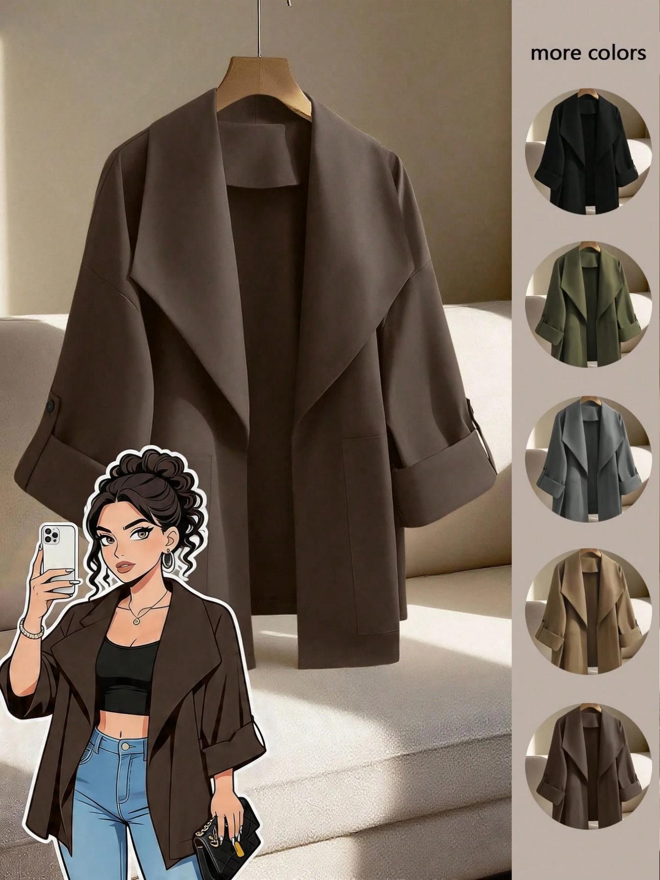 Women's Plus Size Curvy Open Front Jacket Tab Sleeve Draped Lapel Loose Basic Casual Coat Outerwear Solid Fall Winter Office Workwear Daily Commuter Trendy Chic Minimalist Office Style
