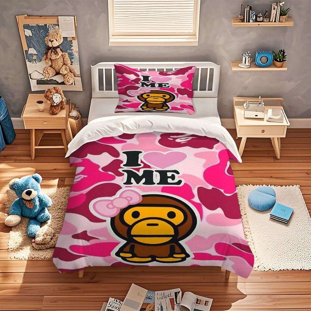 2/3Pcs Playful Pink Camouflage Duvet Cover Set, Decorative Duvet Cover, I Love ME Monkey Cartoon Bedding Set, Vibrant and Cozy Bedroom Decor, Perfect for Self-Love Vibe in Every Girl's Room!Includes 1 or 2 Pillowcase - No filling/Zipper Closure