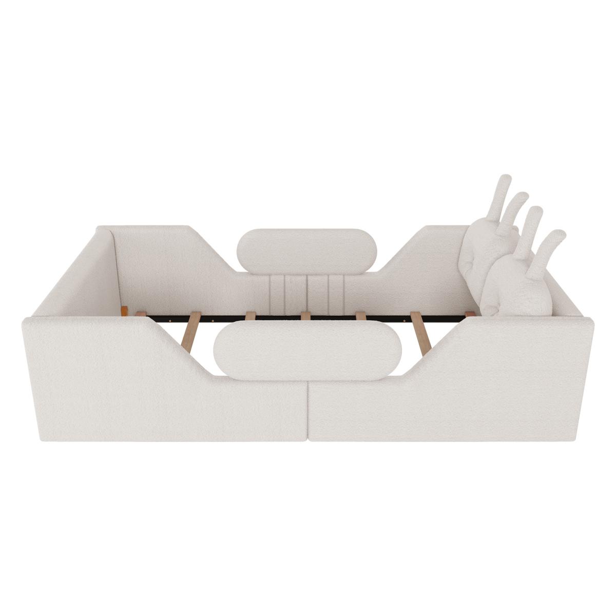 Twin Size Upholstered Floor Bed with 21-Inch Guardrails, Detachable Side Rails & Rabbit-Shaped Cushions, Teddy Fabric Foam Padding, No Box Spring Needed, Fits 8-Inch Mattress Twin Size Upholstered Floor Bed with 21-Inch Guardrails, Detachable Side Rails & Rabbit-Shaped Cushions, Teddy Fabric Foam Padding, No Box Spring Needed, Fits 8-Inch Mattress