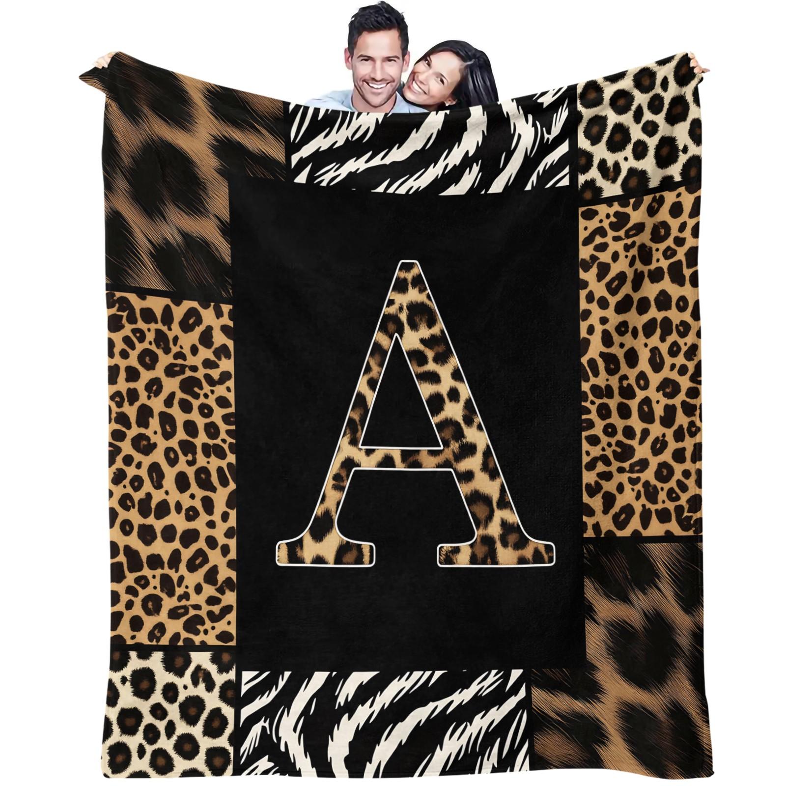 Animal Print Monogram Throw Blanket, Leopard Zebra Tiger Initial Soft Flannel Blanket for Sofa Bed, Gift for Animal Lovers