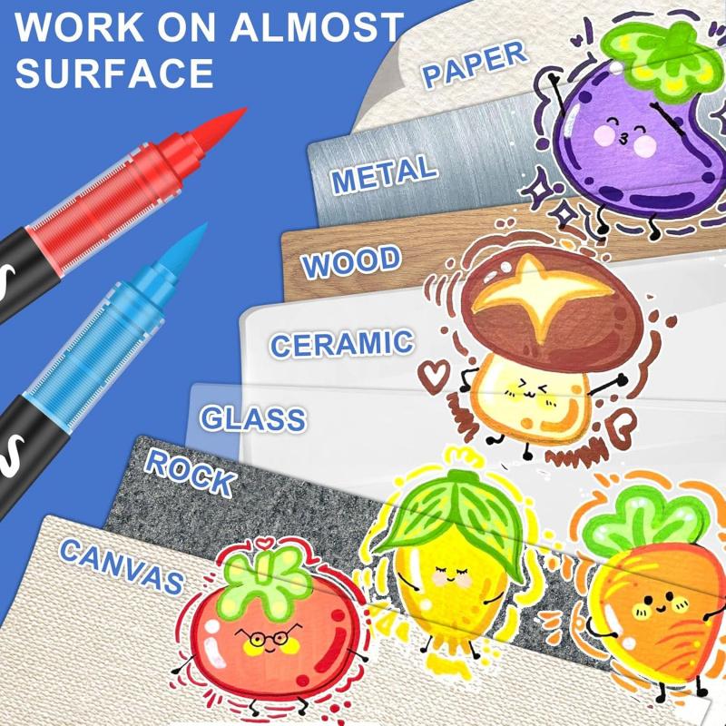 Acrylic Paint Markers, Soft Brush Tip Pens and Markers, Acrylic Paint Pens for Wood, Stone, Canvas, Glass, Fabric, Egg, Rock Painting and DIY Crafts Art Supplies,Permanent,Washable,Quick-Drying,Waterproof