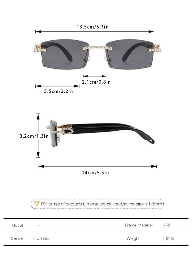 Rhinestone Rimless Sunglasses, Trendy Rectangle Frame Bling Glasses for Daily & Outdoor