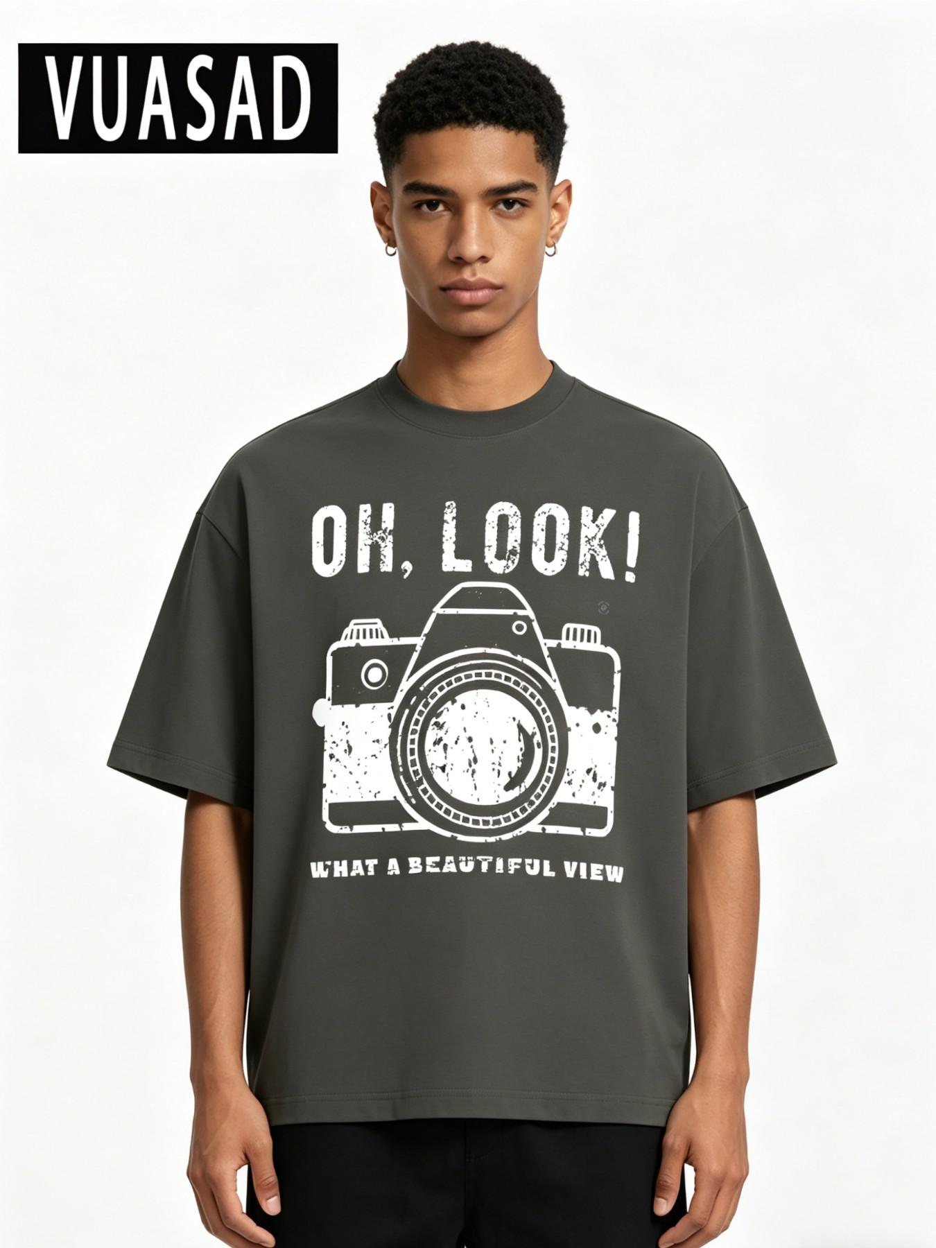 Men's Vintage Camera Pattern Cotton T-Shirt, American Retro Street Style, Casual Loose-Fitting Short Sleeve Top, Long Length