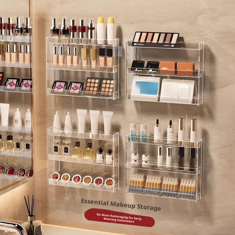 Wall-mounted acrylic makeup storage rack, no-drill cosmetic storage rack, transparent bathroom skincare shelf for vanity, very suitable for organizing lipsticks, eyeshadows, and skincare products