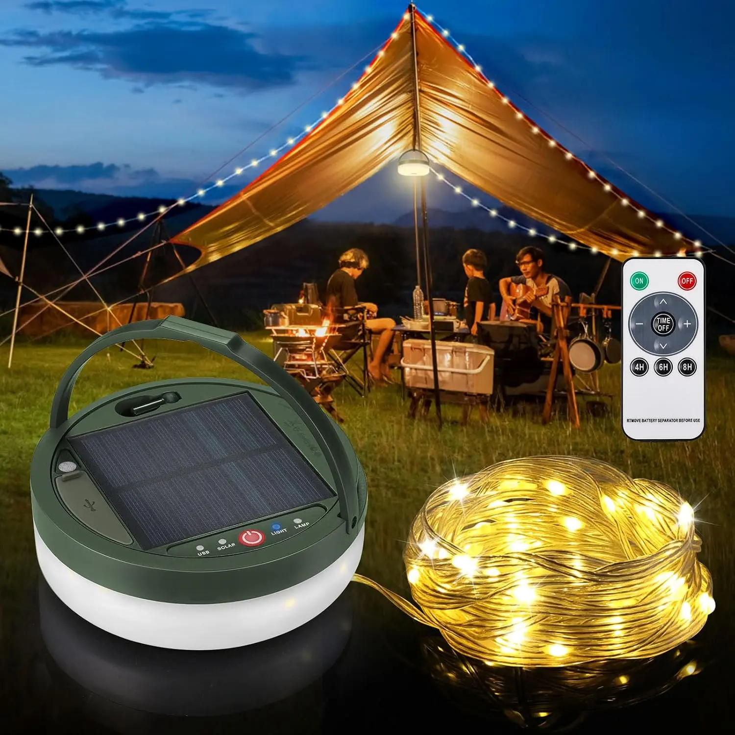 Solar Camping String Lights, Outdoor LED String Lights with Remote Control, USB Rechargeable Portable Camp Lights for Tent, Hiking and Garden Decoration