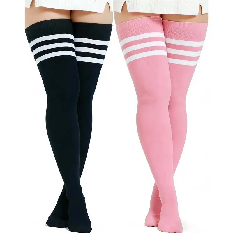 Women's Cotton Oversize Thigh-High Socks - Thick, Highly Elastic, Fashion Striped Extra Long Leg Socks for 90-200 Lbs, Festival Party Wear