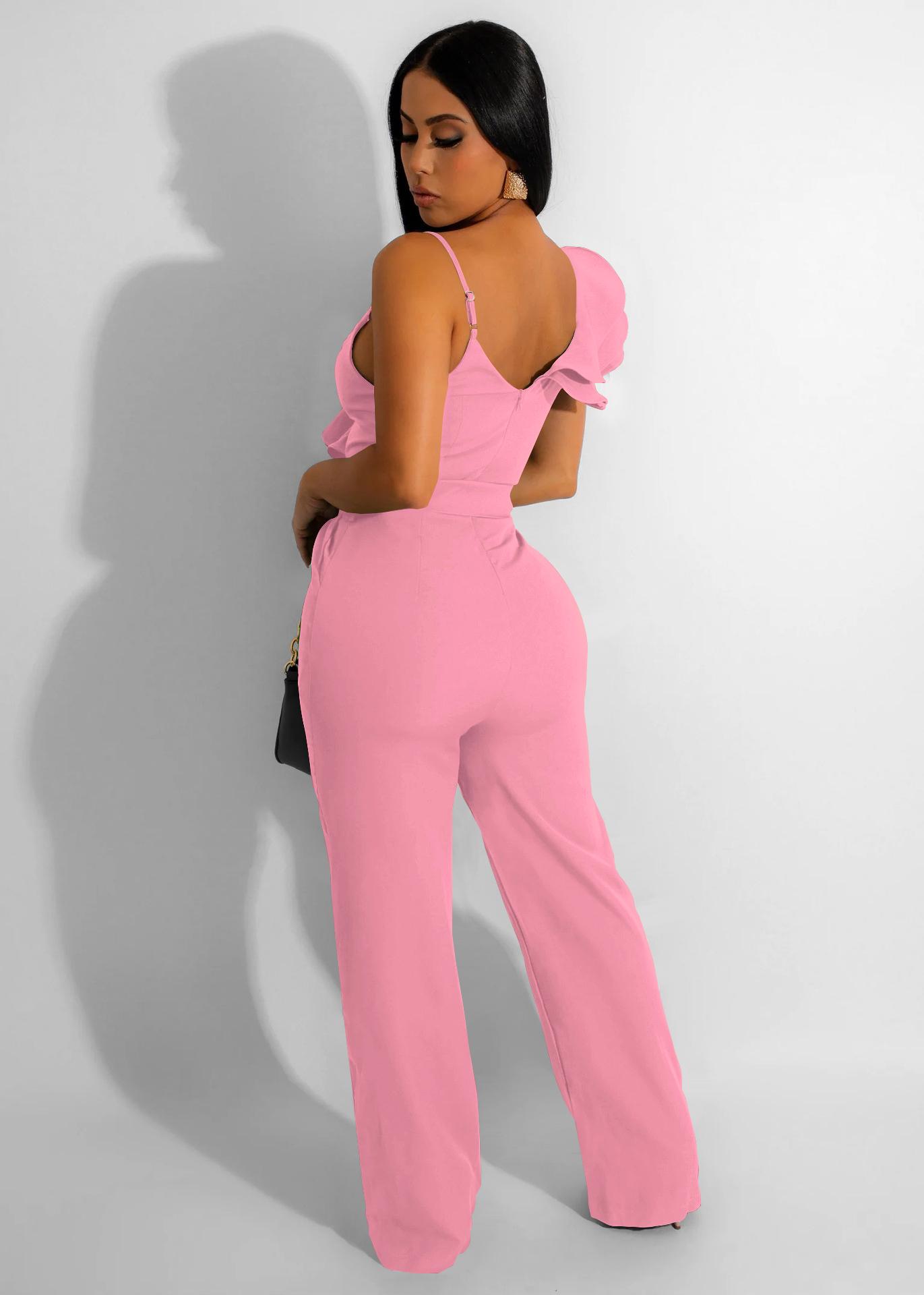 USBoutique Chic Women's Black One Shoulder Ruffled Top& Wide Leg Pants Jumpsuit, Casual Summer Romper, Trendy 2025 Outfit