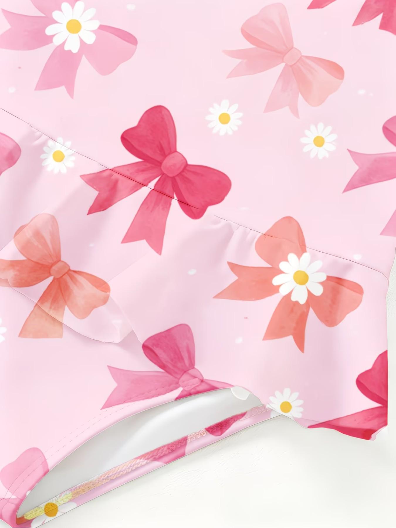 Bowknot Print Girls' Jumpsuit, Cute Cartoon Pattern, Ruffled Quick-Dry Kids Swimwear, Fashion Swimsuit for Beach Parties