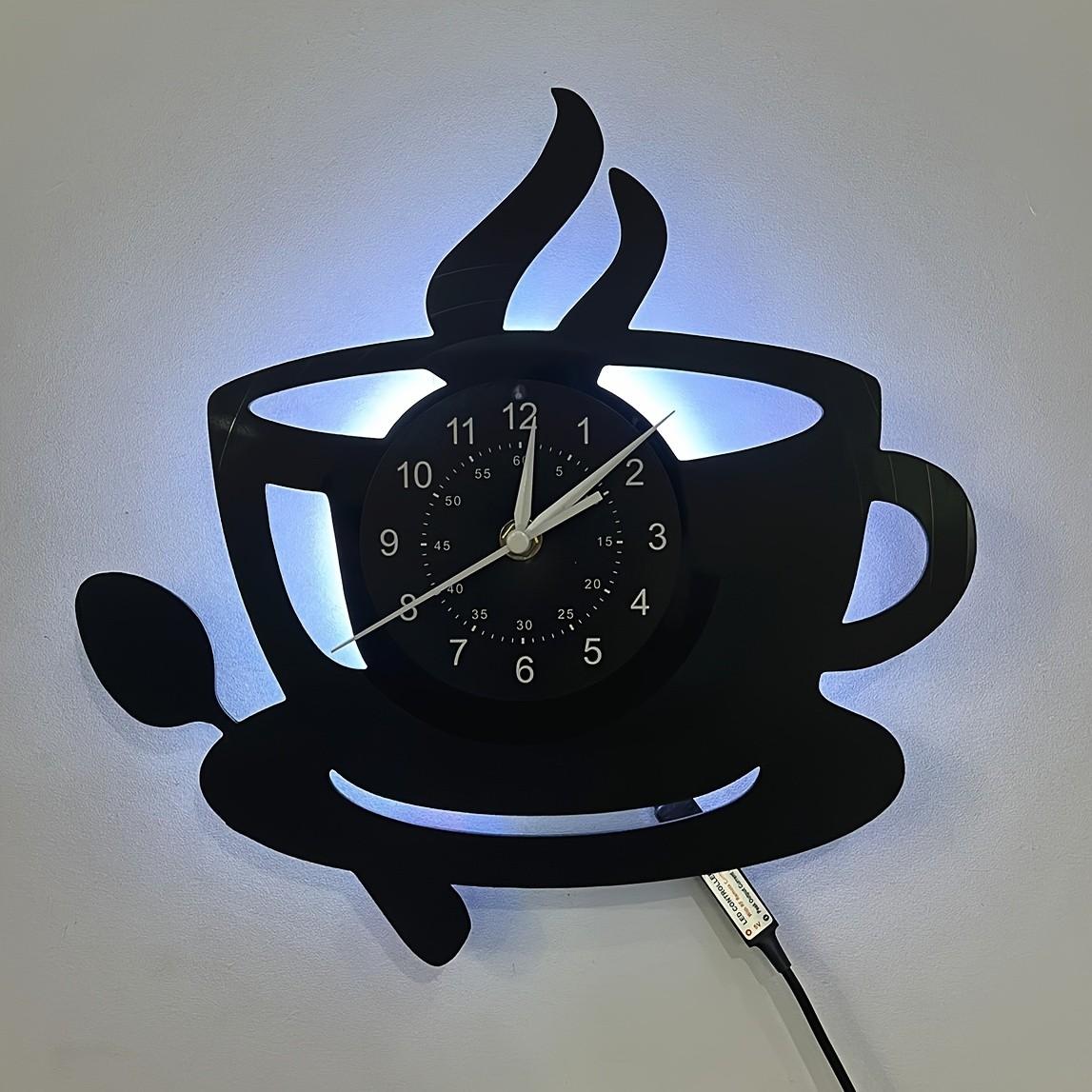 Kitchen Theme Vinyl Record Wall Clock, 7 Color LED Coffee Cup Clock, Living Room Bedroom Decor, Home Office Bar Cafe Decoration, Creative Decorative Clock
