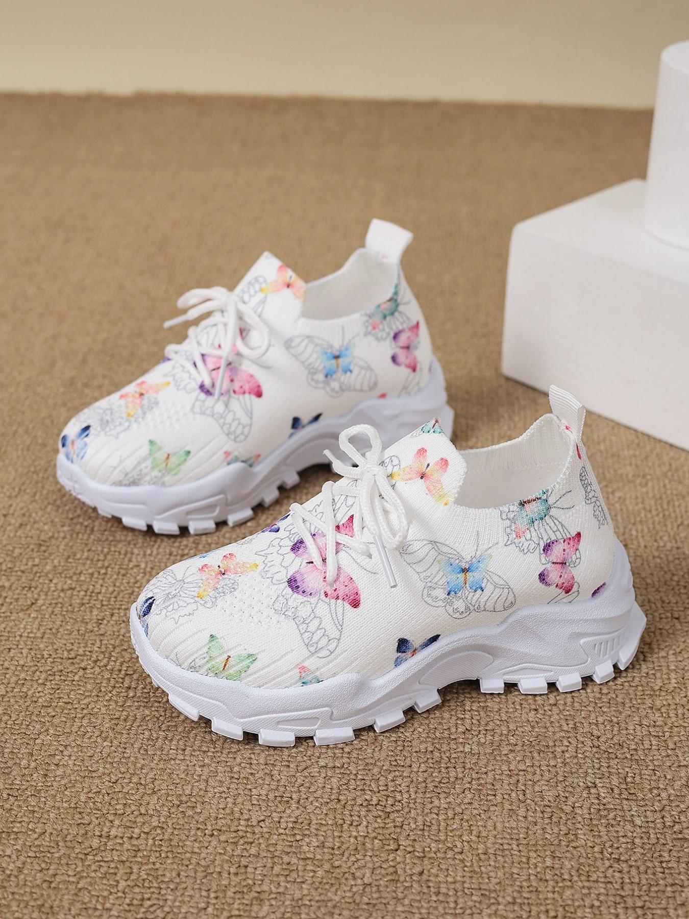 Girls' Spring & Fall Fashion Sneakers, Soft Anti-Slip Comfortable Lightweight Breathable Easy Wear, Elegant Butterfly Pattern Outdoor Shoes