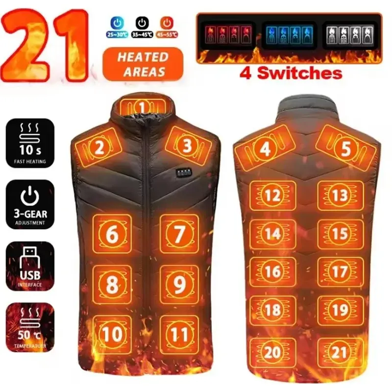 21 Heated Vest Zones Electric Heated Jackets Men Women Sportswear Heated Coat Graphene Heat Coat USB Heating Jacket For Camping