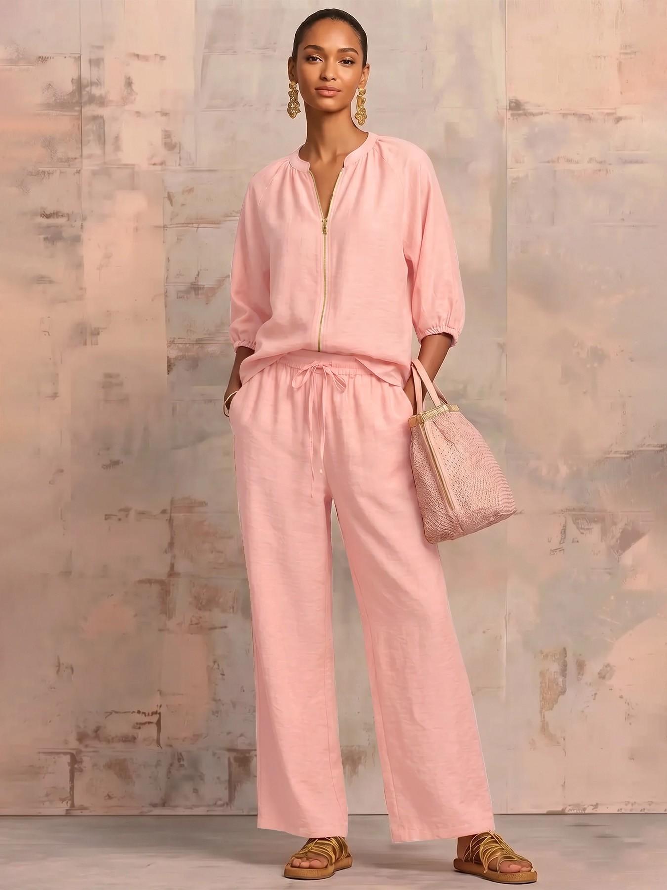 2026 Summer French Stand Collar Zipper Linen Feel Loungewear Set, Spring Fall Three-Quarter Sleeve Top + High Waist Wide Leg  Pants Casual