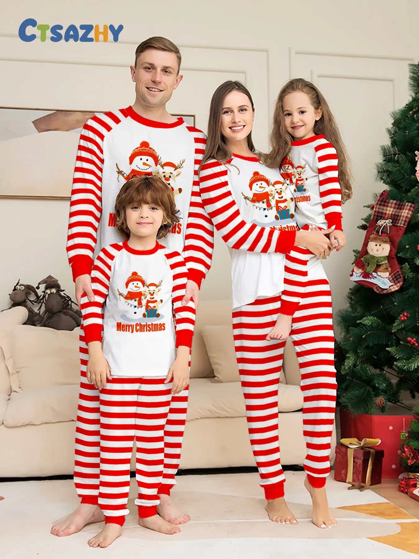 Family Pajama Set, Body Trim, Stripes, Knit Hat, Santa Claus Pattern, Soft Breathable, Holiday Home Wear