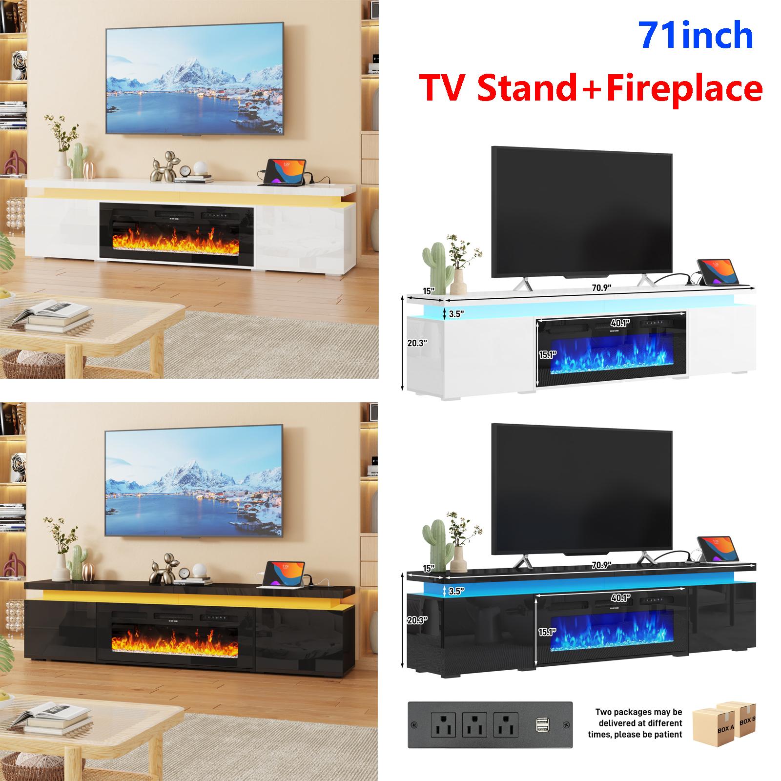 LED TV Stand for 70/75/80/85/90/95 inch TV/Fireplace TV Stand , TV Stand with 40" Electric Fireplace & Power Outlet, High Gloss Surface, 2 Storage Cabinet, Modern Style for Living Room (83 Inch/71 Inch, White/Black)