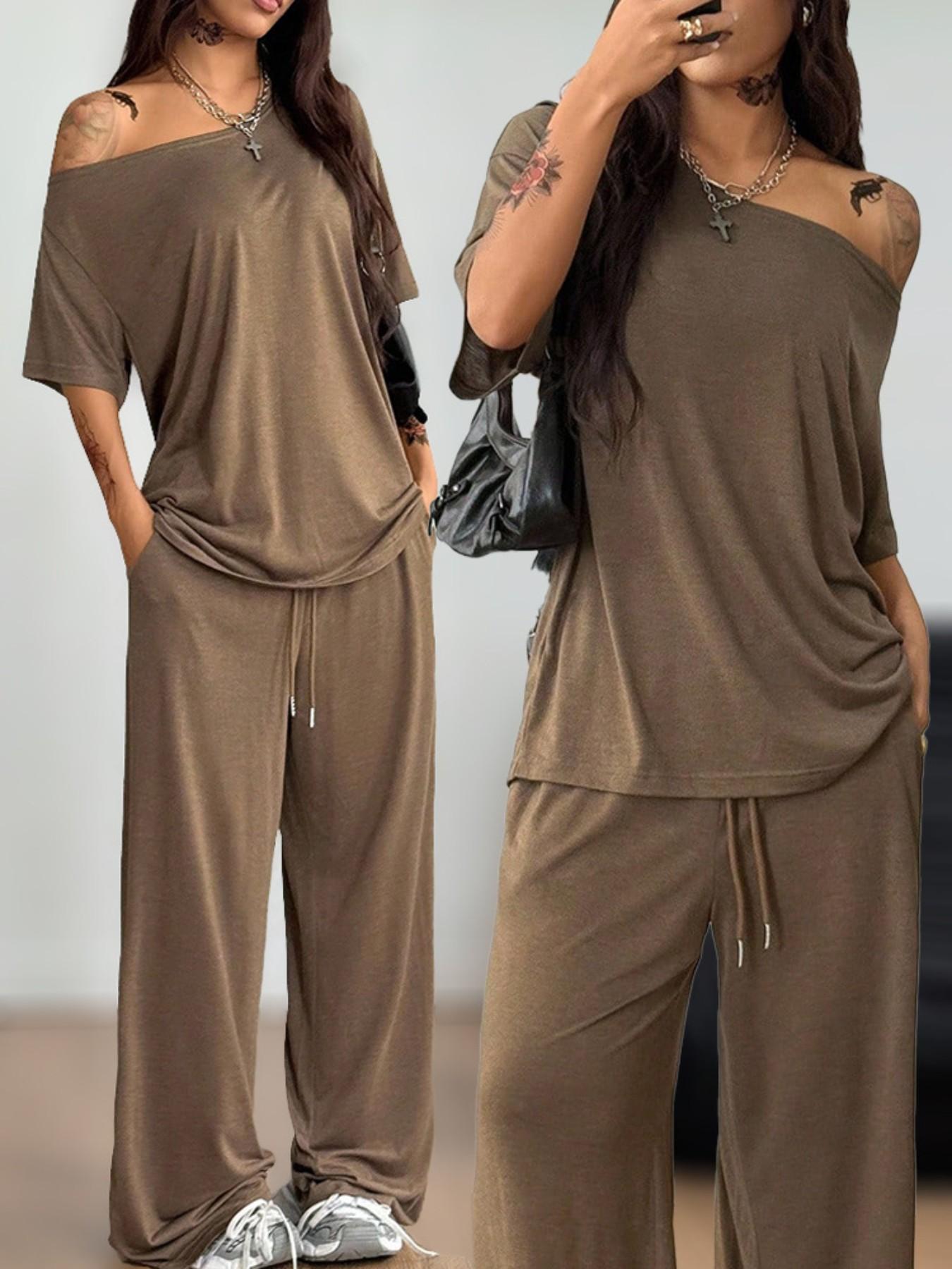 Women's Casual Solid Color Sport Two-Piece Set, Loose Long Pants & Wide Leg Slant Neck Pant Suit, Spring & Fall Fashion Women's Casual Solid Color Sport Two-Piece Set, Loose Long Pants & Wide Leg Slant Neck Pant Suit, Spring & Fall Fashion