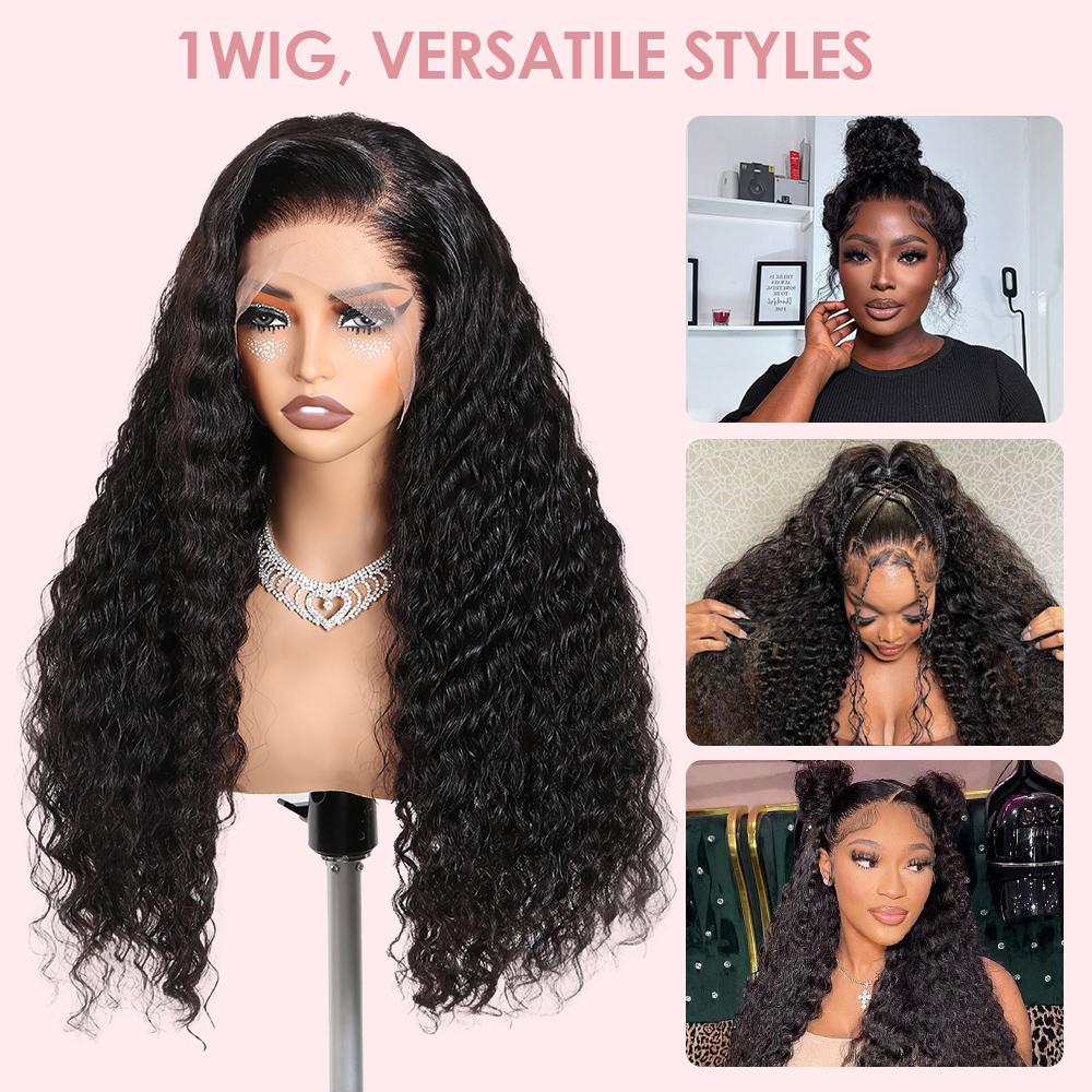 Pizazz Hair Hidden Strap 360 Drawstring Glueless Wigs Human Hair Pre Plucked Pre Bleached Knots 220 Density Water Wave Full Lace Frontal Wig with Drawstring Curly HD Lace Wigs for Women