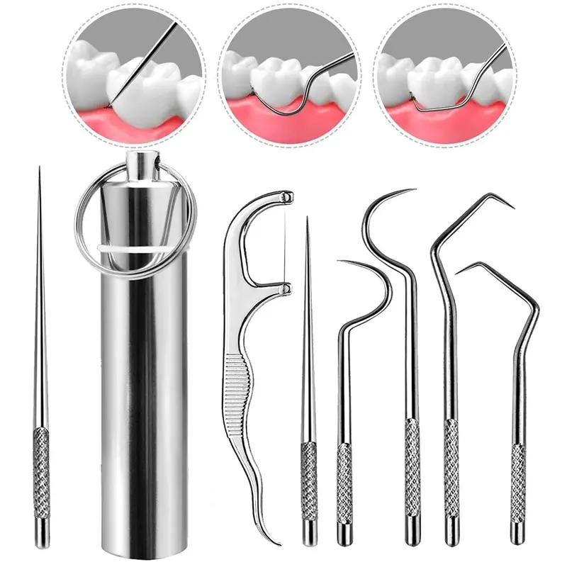 7PCS aluminum toothpick set for travel, portable oral cleaning tools, dental floss, outdoor picnic camp, reusable