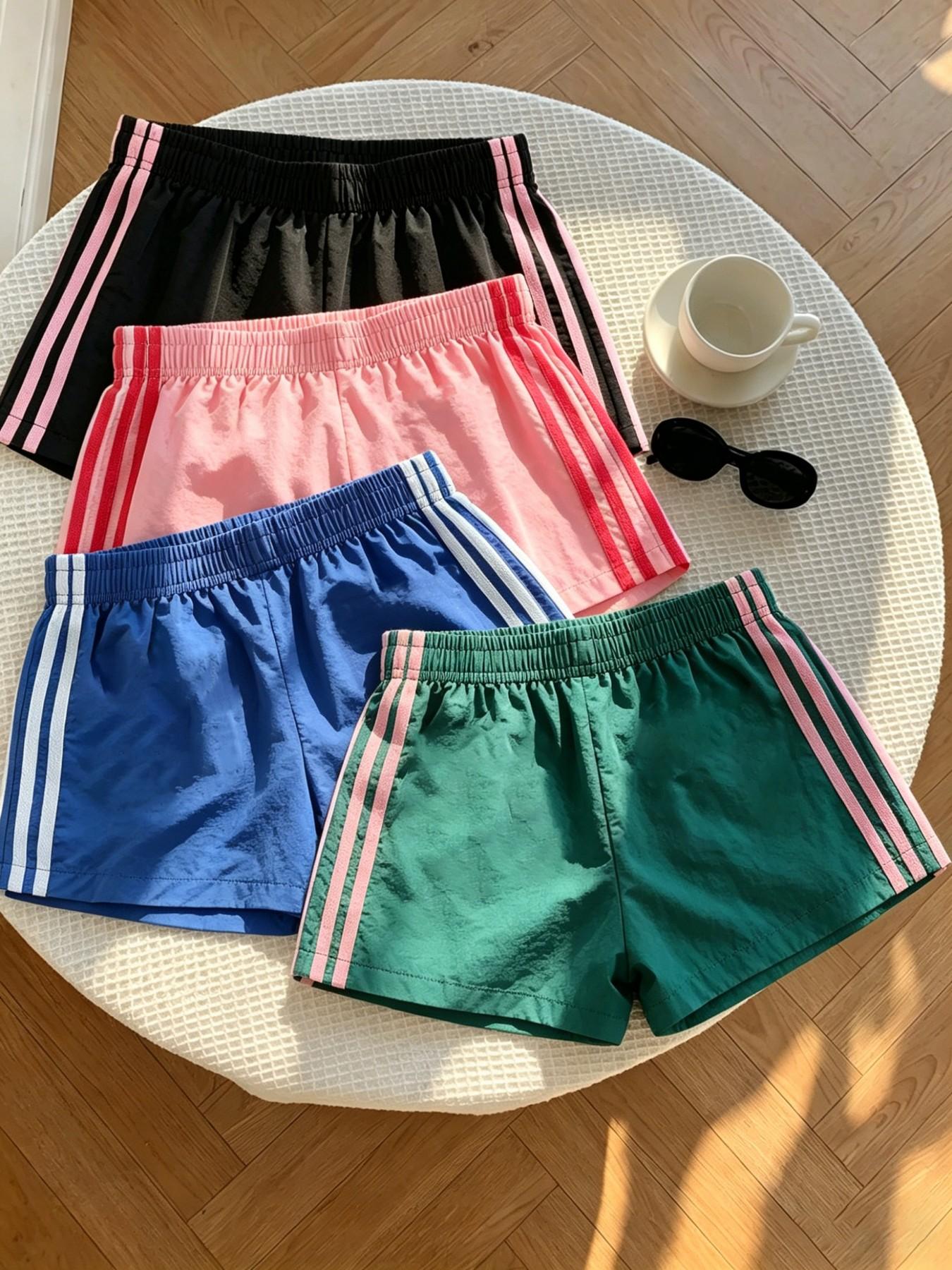 4-Pack Lightweight Quick-Dry Breathable Gym Shorts, Striped Drawstring Shorts, Women's Summer Retro Casual Loose Fit Elastic Waist