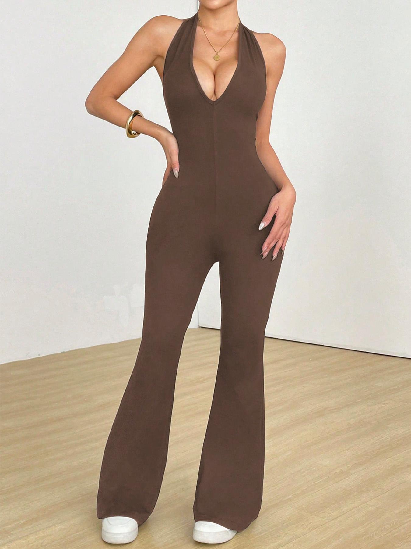 2026 Women's Sexy Halter V Neck Jumpsuit, Sleeveless Backless Design, Fitted Flare Leg Romper, Casual Style for All Seasons