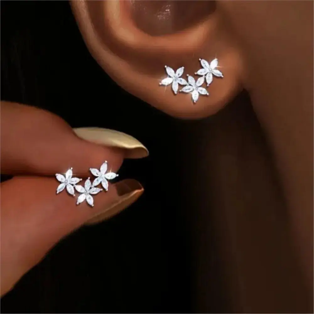Silver Color Classic Zircon Flower Stud Earrings for Women Elegant Sweet Earrings Party Jewelry Gifts