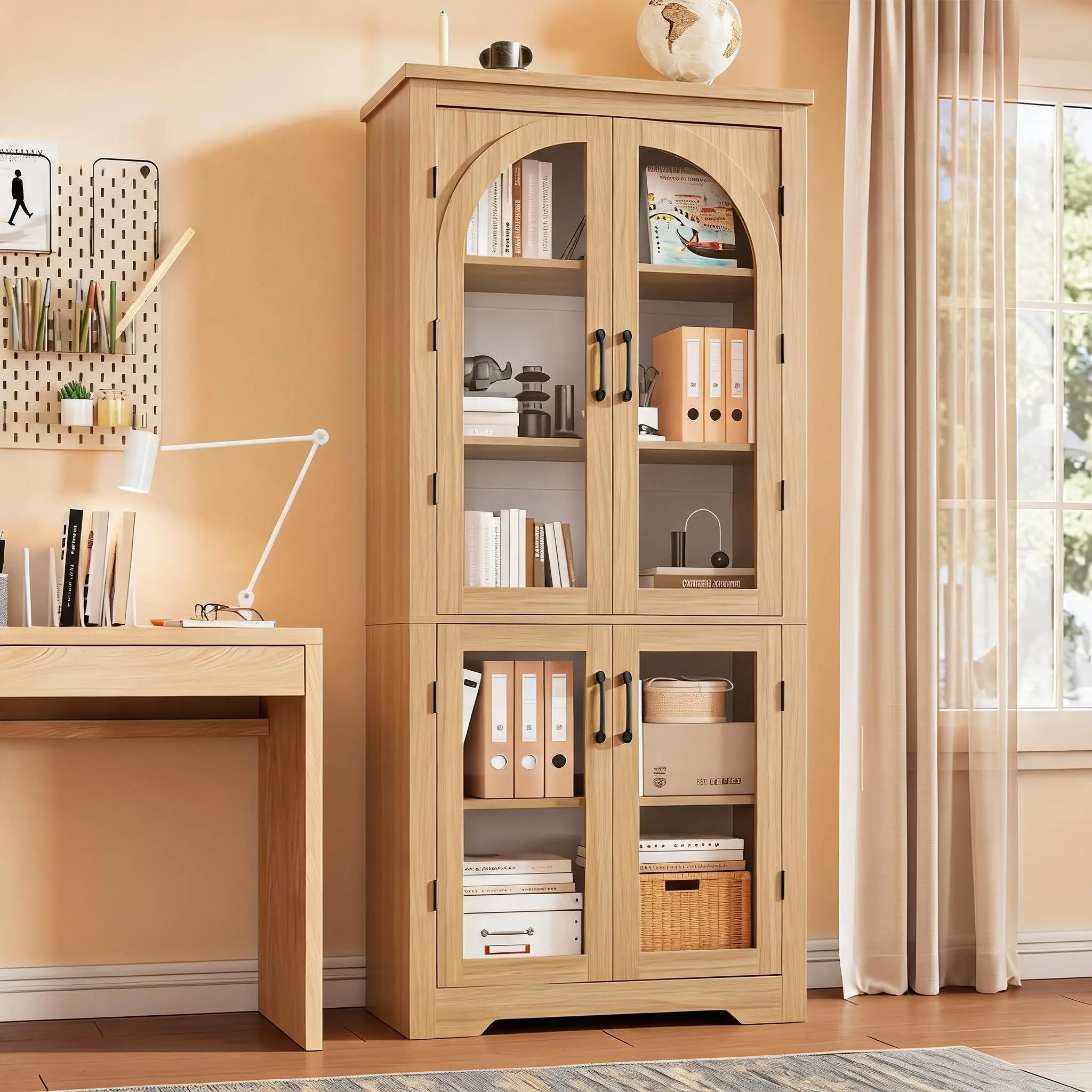 70" Tall Kitchen Pantry Cabinet with 4 Arched Glass Doors, White Modern Display Cabinet with Adjustable Shelves, Versatile Storage Cupboard
