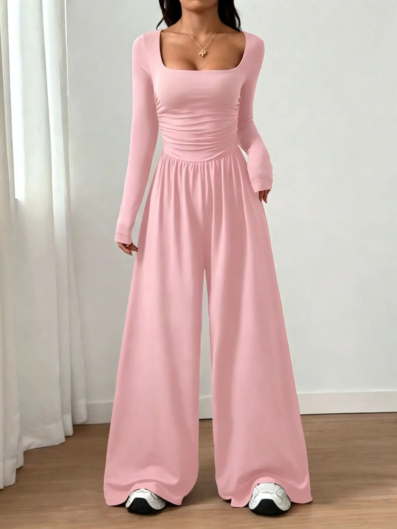2026 Fall New Arrival Women Square Neck Long Sleeve Jumpsuit, Ruched Waist Wide Leg, Casual One Piece for Daily Streetwear & Going Out