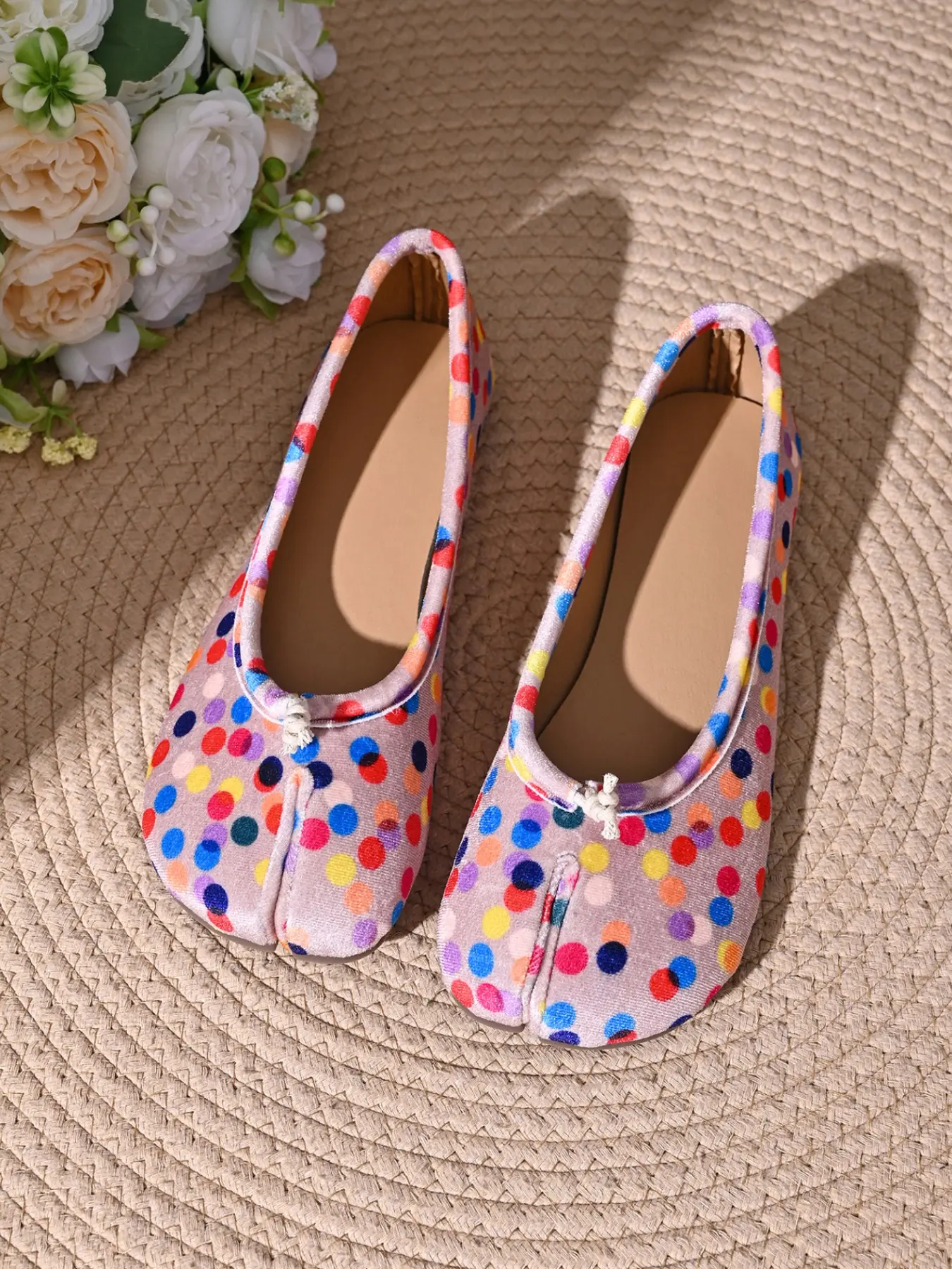 Women Colorful Polka Dot Split Toe Ballet Flats, Soft Fabric Slip On Casual Tabi Flat Shoes