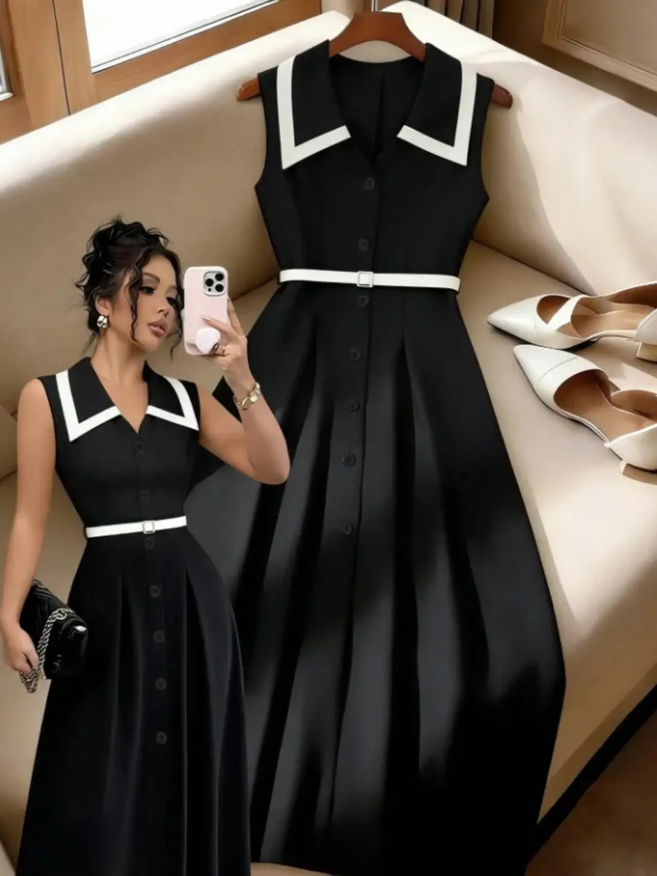 Elegant A-Line Dress with Belt, Sleeveless French Style Collar, Slimming Effect, Business Casual, Vacation Long Dress for Women Maxidresses Dress Summer Summer Tank Dresses