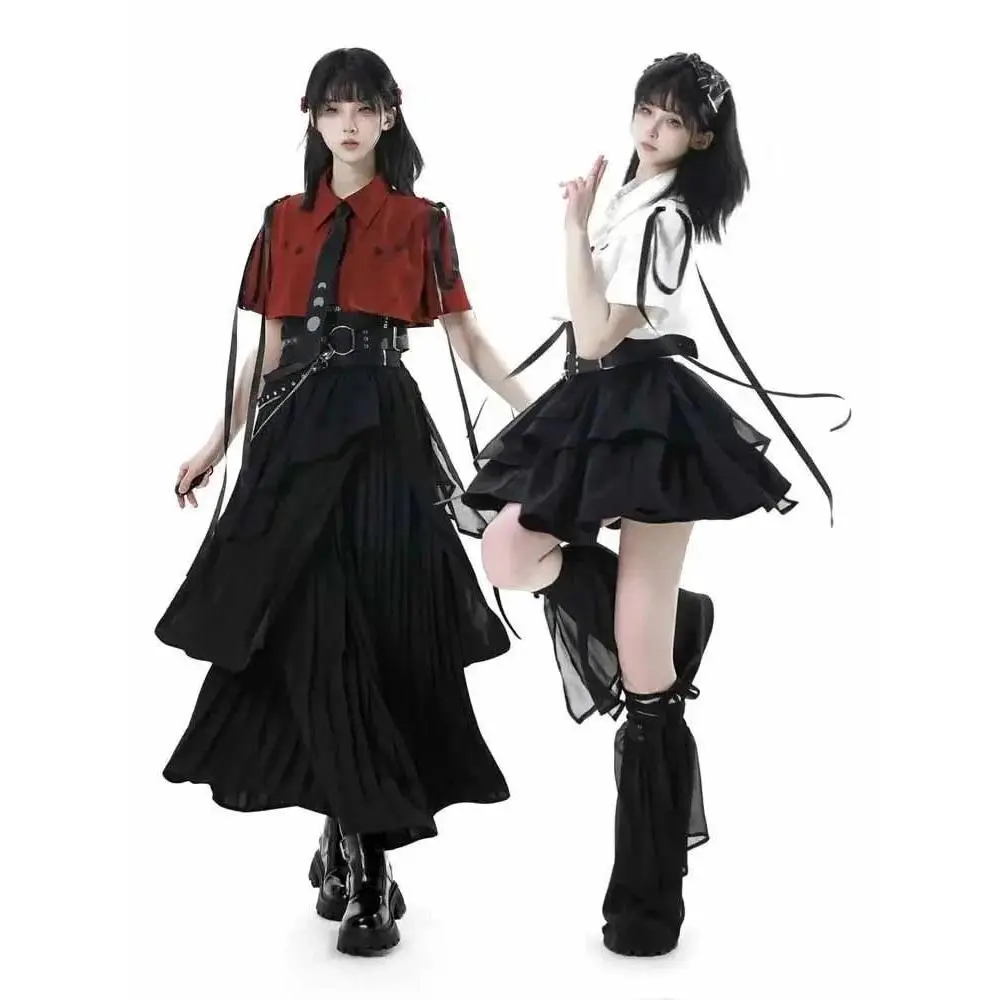Vintage Elegant 3 Piece Sets Womens Gothic Outfits Y2k Button Design Tops + Black High Waist Retro Skirt Female Belt Party Sets