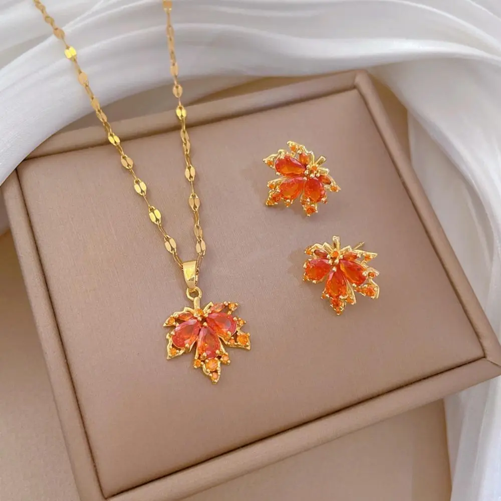 Stainless Steel Gold Plated Maple Leaf Jewelry, Adjustable Chain Pendant Necklace & Maple Leaf Earrings, Separate Single Pieces Available or Complete Matching Set, Unisex Trendy Accessories, Ideal Gift for Wedding & Party, Matching Sets, Leaf Shape