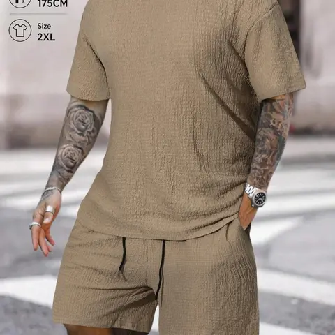 Men's Solid Textured Round Neck Tee & Drawstring Waist Shorts Pyjama Set, Short Sleeve Top & Shorts Set, Casual Comfy Men's Sleepwear & Loungewear, Menswear, Pajamas