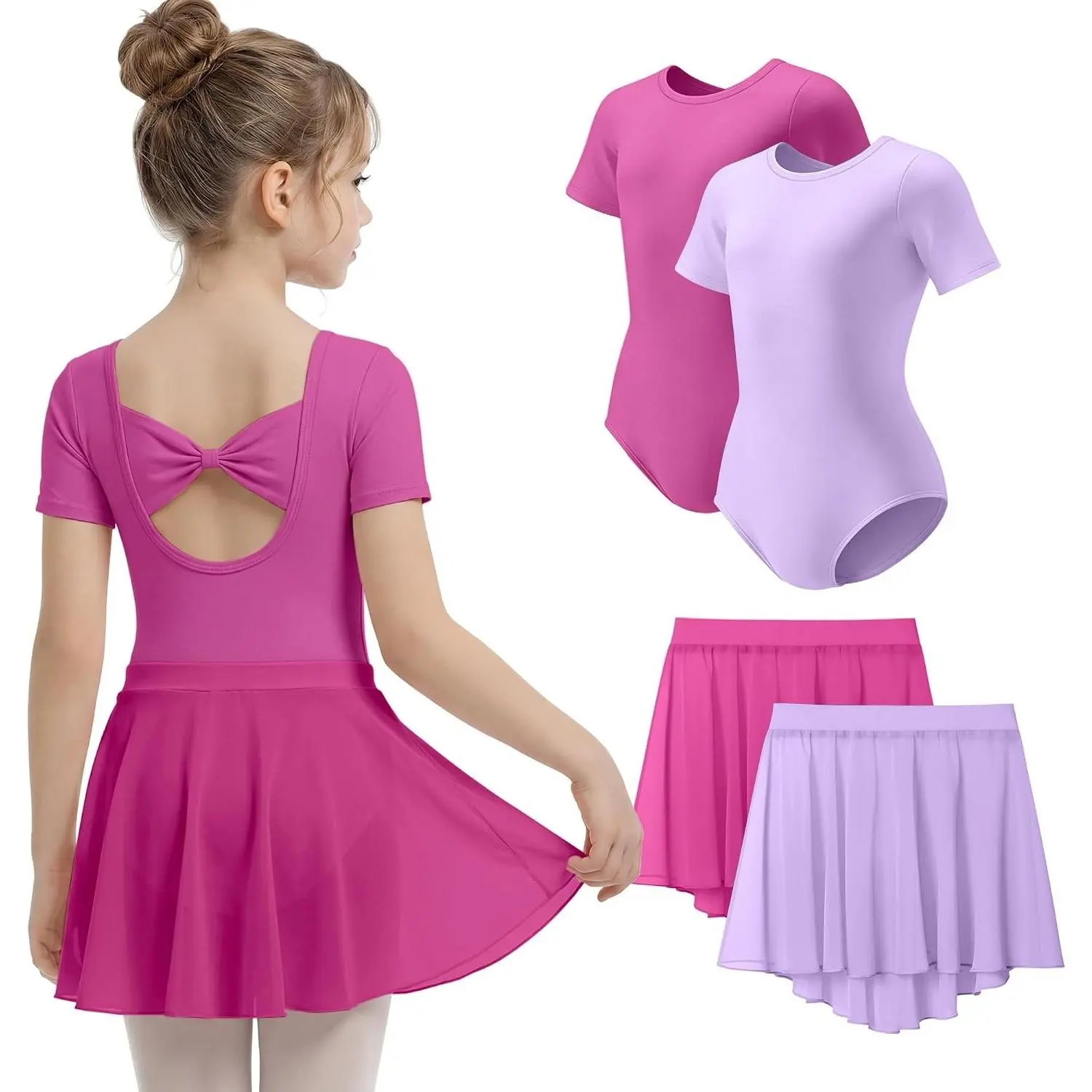 2 Pack Ballet Leotards for Girls Short Sleeve Dance Dress with Removable Skirt Toddler Ballet Outfit with Bow Back