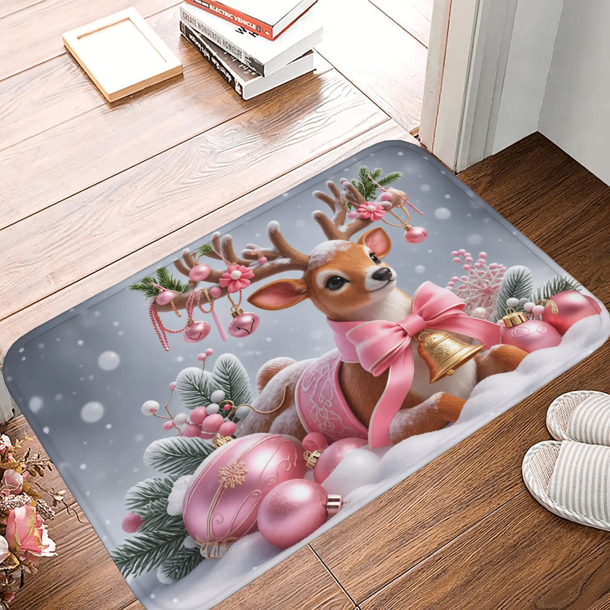 Christmas Reindeer Doormat, Pink Holiday Winter Flannel Decorative Indoor Floor Mat, Non-Slip Washable Entrance Rug for Home Decor, Low-Profile Carpet for Mudroom and Entryway