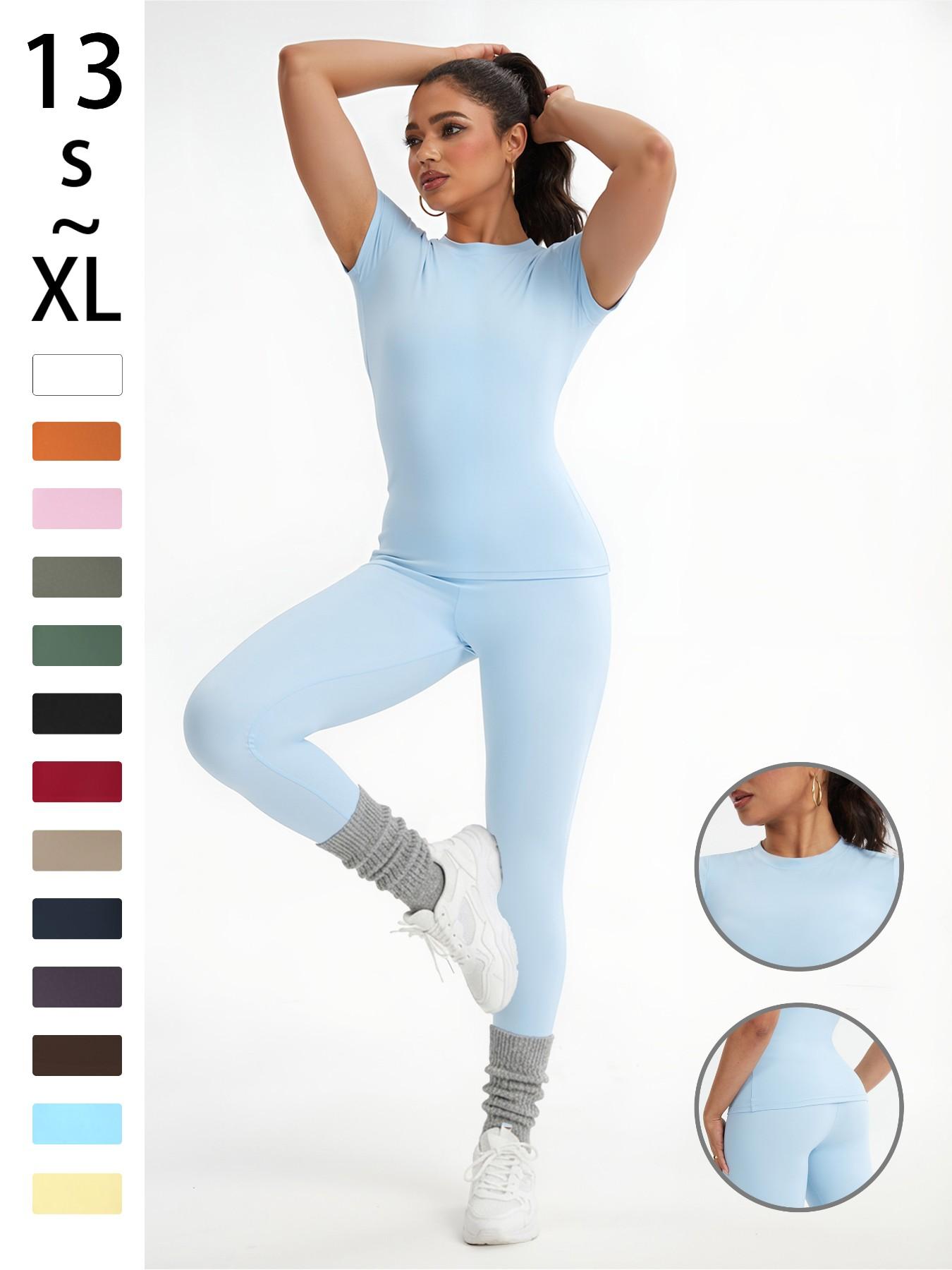 Women's Sportswear Set, Slim-Fit Round Neck Short Sleeves & High-Waisted Yoga Pants, Ideal for Gym Running Outdoor Activities, Stretchy Suit Set