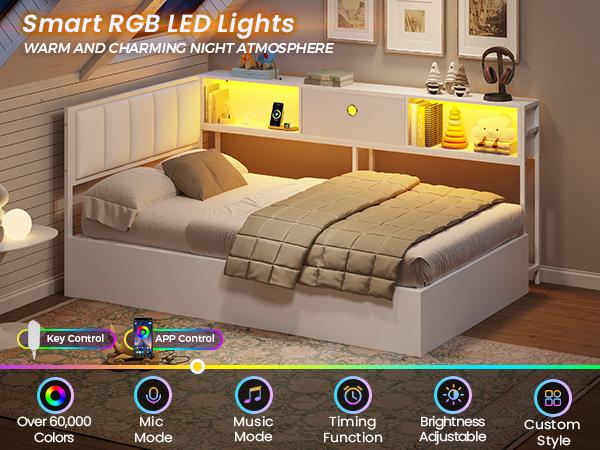 Hasuit Corner Twin Lift Up Storage Bed Frame with Charging Station & LED Lights, Twin Day Bed with Upholstered Headboard and Bookcase, Corner Beds with Hydraulic for Kids Teens Guests