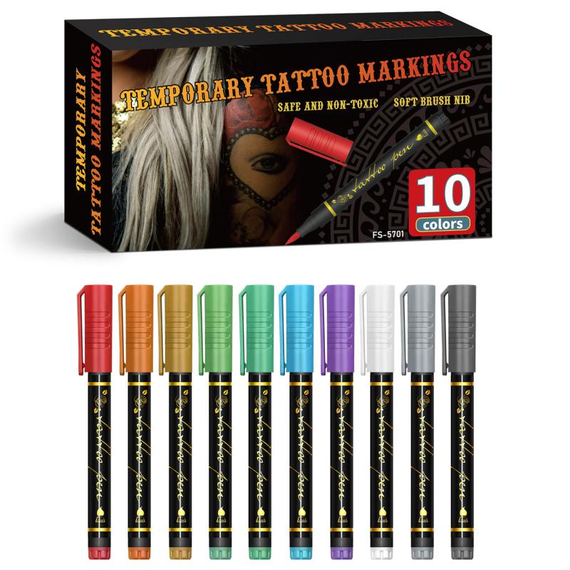 Temporary Tattoo Markers for Skin, Skin Safe, 10/15-Count Body Markers 10/15-Color Tattoo Pens, Flexible Brush Tip, Bright Colors, Cosmetic Quality Face Paint Kit, Perfect Christmas Gifts