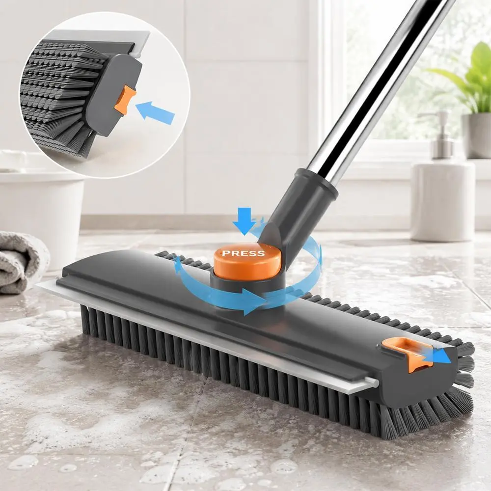 Expandable Long Handheld 3-in-1 Floor Scrubber Brush Complete Hard Scrape Blade Attachment, Commercial Grade Solid Stiff Bristles, Multi Spot Cleanser for Bathroom Pool Yard Garage Kitchen Wall Garden Terrace Grey-Orange