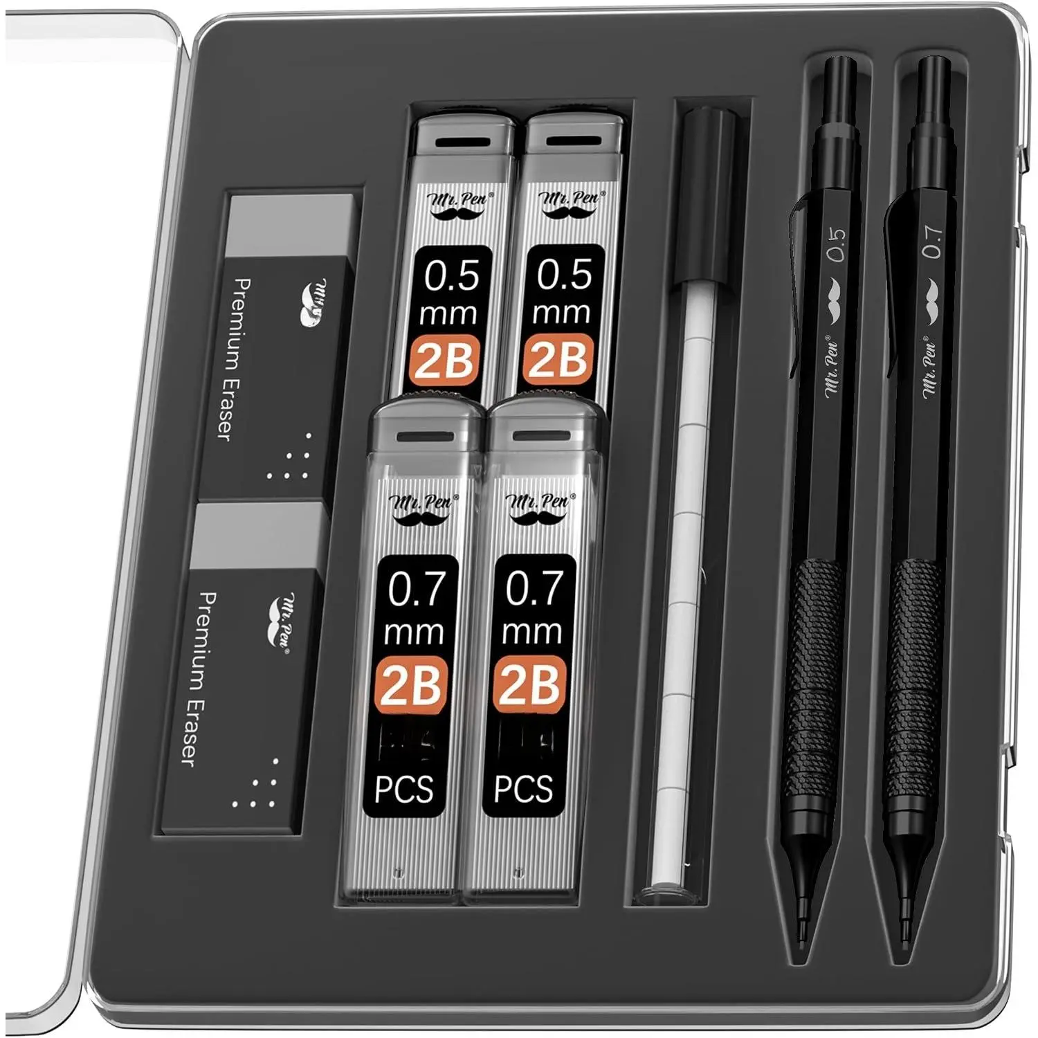 - Metal Mechanical cil Set with Lead Refills & Erasers, 2 Pack | 2 Sizes, 0.5 & 0.7mm, 4x Tubes 2B Lead Refill, 2x Erasers for School Supplies, Note Taking, Drawing, Fathers Day