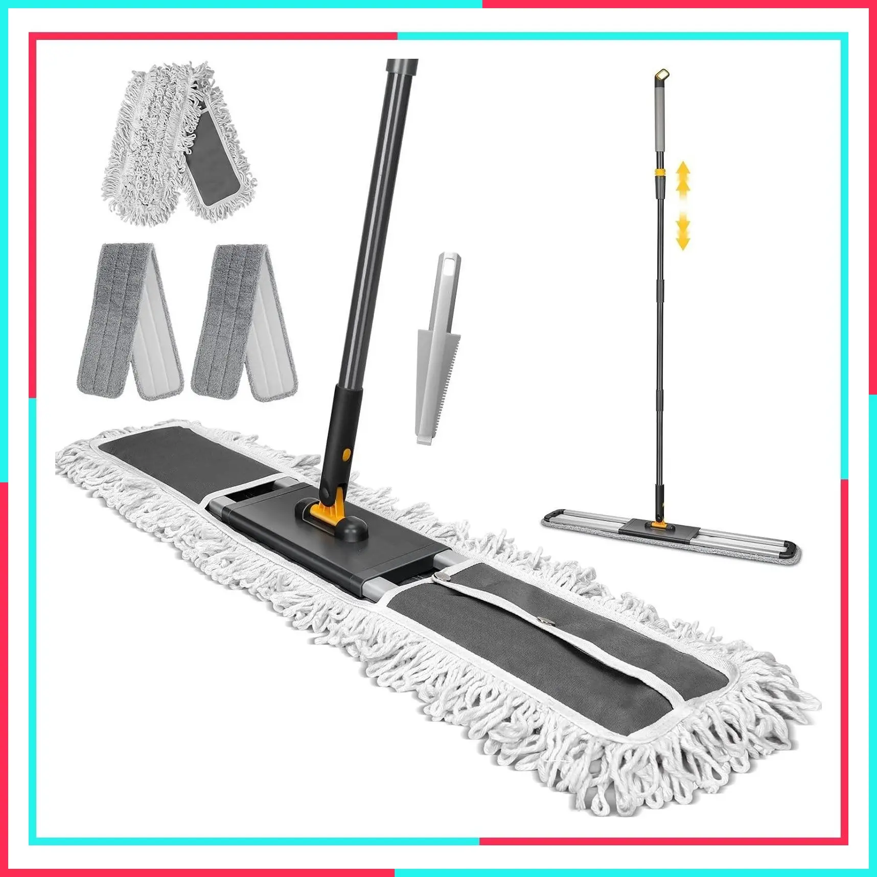 36-Inch Heavy Duty Commercial Dust Mop with 62-Inch Adjustable Handle & 3 Reusable Pads - Industrial Push Mop for Home, Hotel, Mall, Warehouse