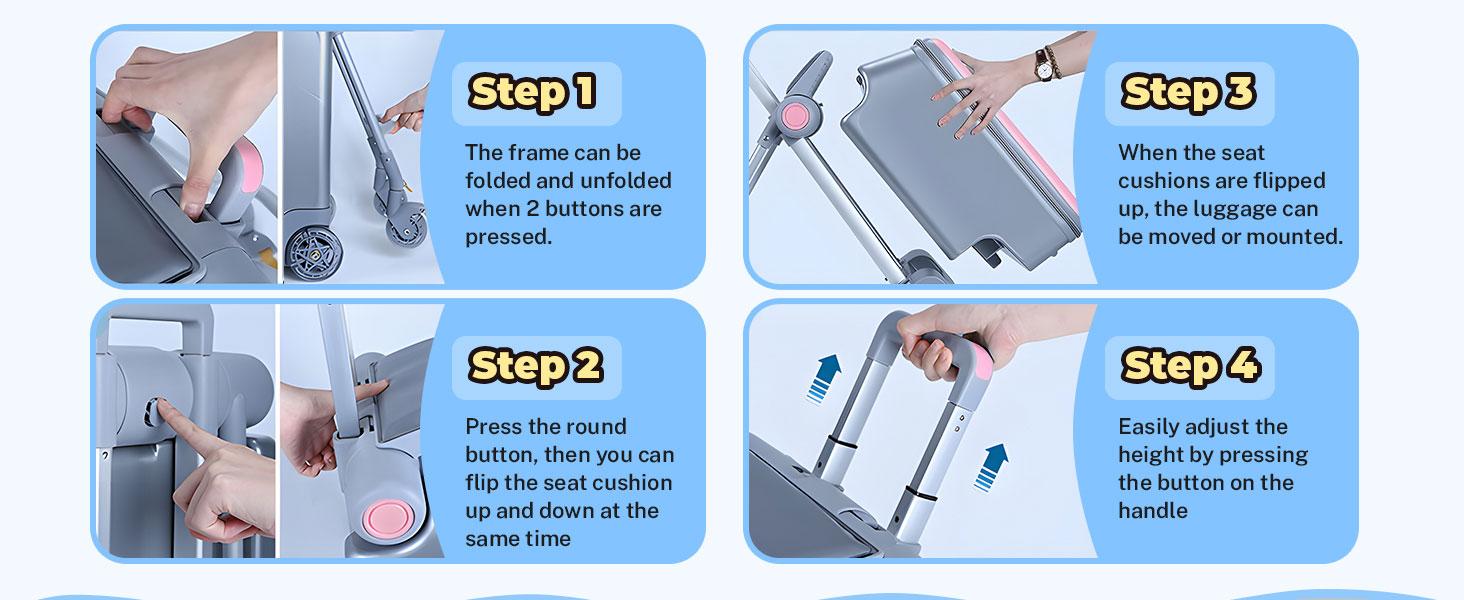 Ride-On Portability Suitcase,Carry on Luggage with Wheels,Portable Storage Luggage,Rolling Travel Luggage With Kids Seat for Airplane,2-in-1 Case（Pink/Blue/Black）