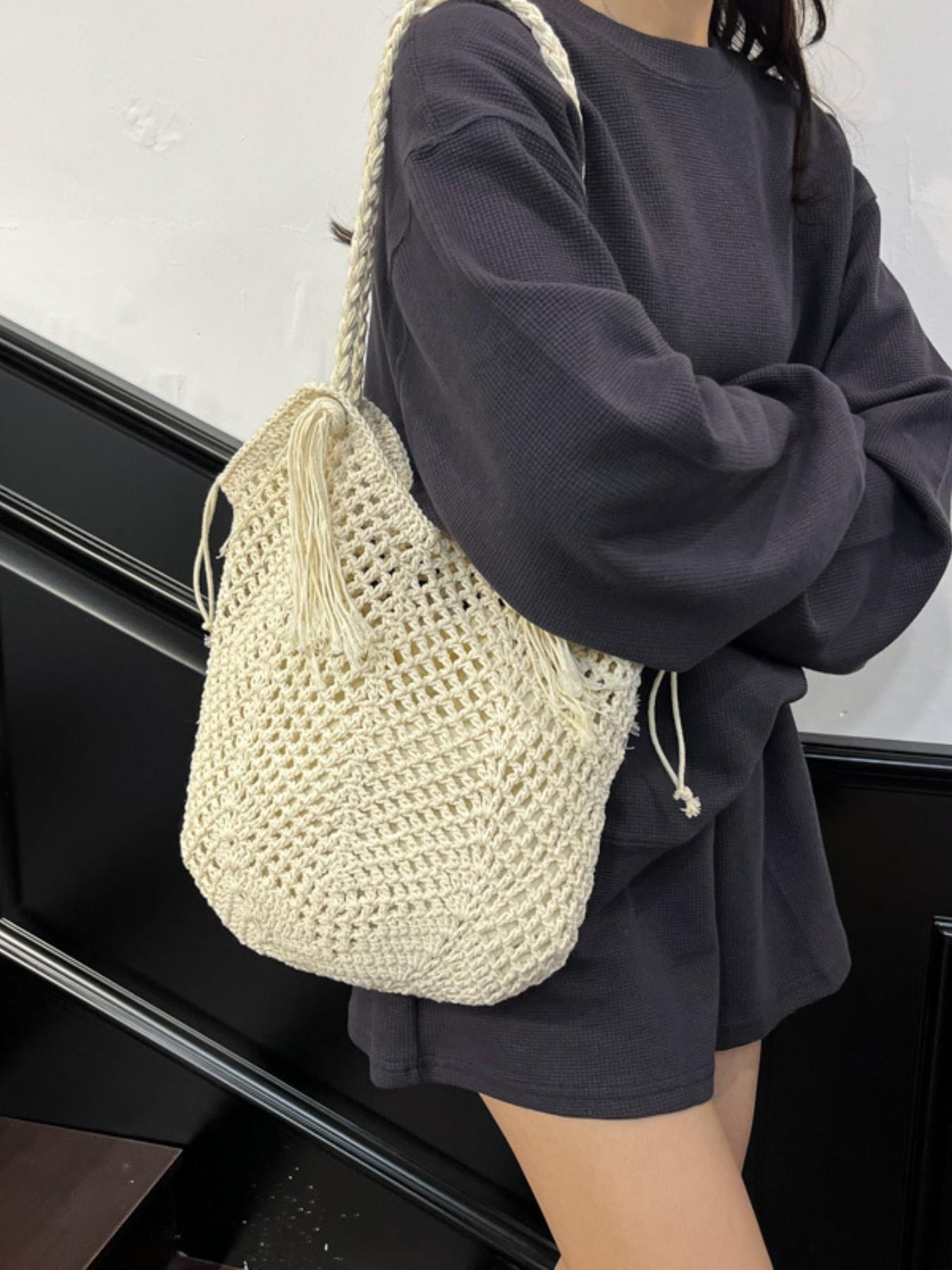 Large Capacity Cotton Rope Woven Tote Bag for Women, 2026 Spring Hollow Out Straw Shoulder Bag, Beach Vacation Crossbody Bag