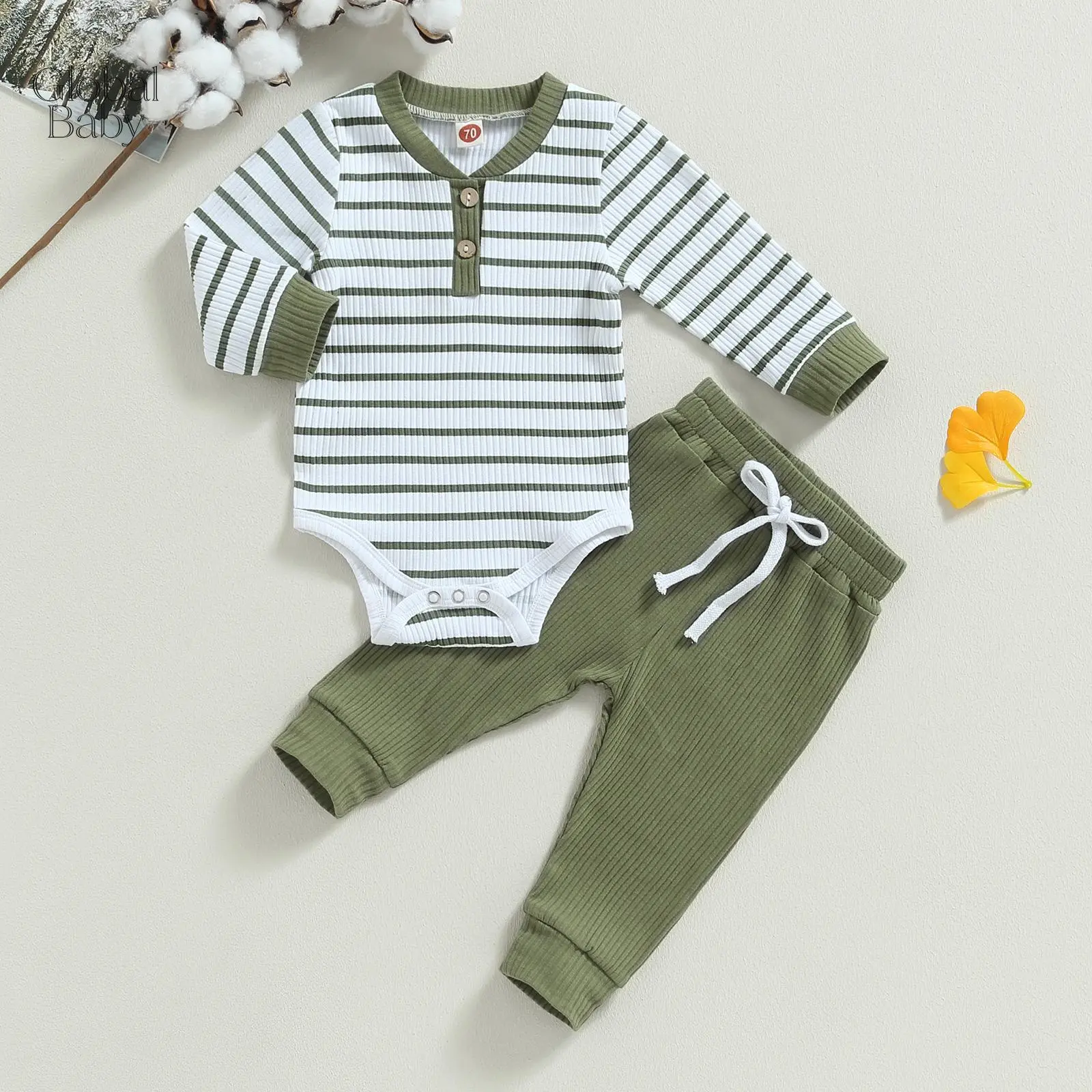 Unisex Baby 2‑Piece Fall Outfit, Rib‑Knit Striped Henley‑Collar Long‑Sleeve Romper, Drawstring Elastic Waist Jogger Pants Casual Clothing Set for Infant Boys Girls