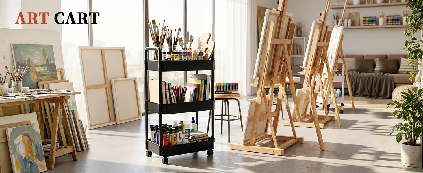 3 Tier Bamboo Rolling Utility Cart with Wheels - Lightweight, Compact Plastic Basket Storage Rack, Easy Installation Mobile Organizer for Baby Nursery, Kitchen, Bathroom, Locking Wheels