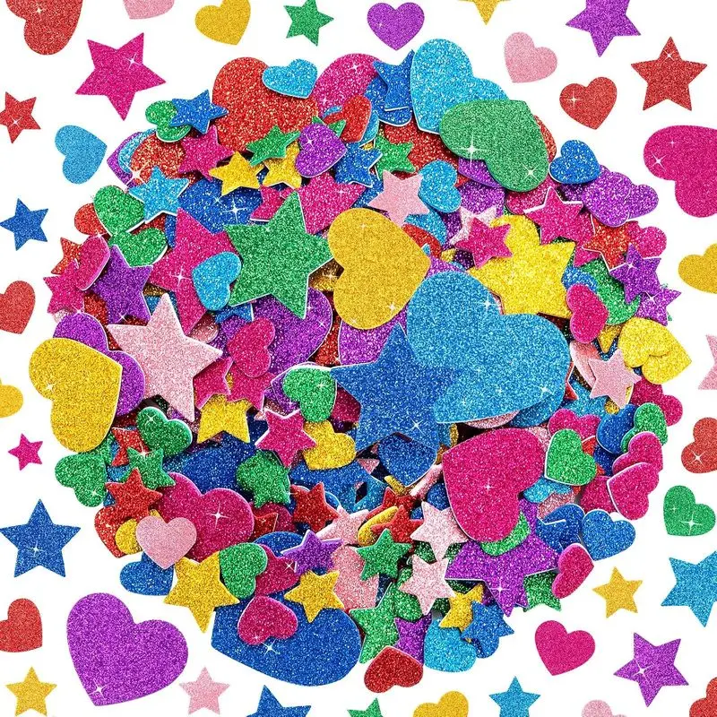 1024PCS Glitter Finish Sticker Set for Kids' Crafts - Self-Adhesive Heart & Star Shapes, Sparkle Foam Stickers for DIY Home Projects, Greeting Cards, Scrapbooking