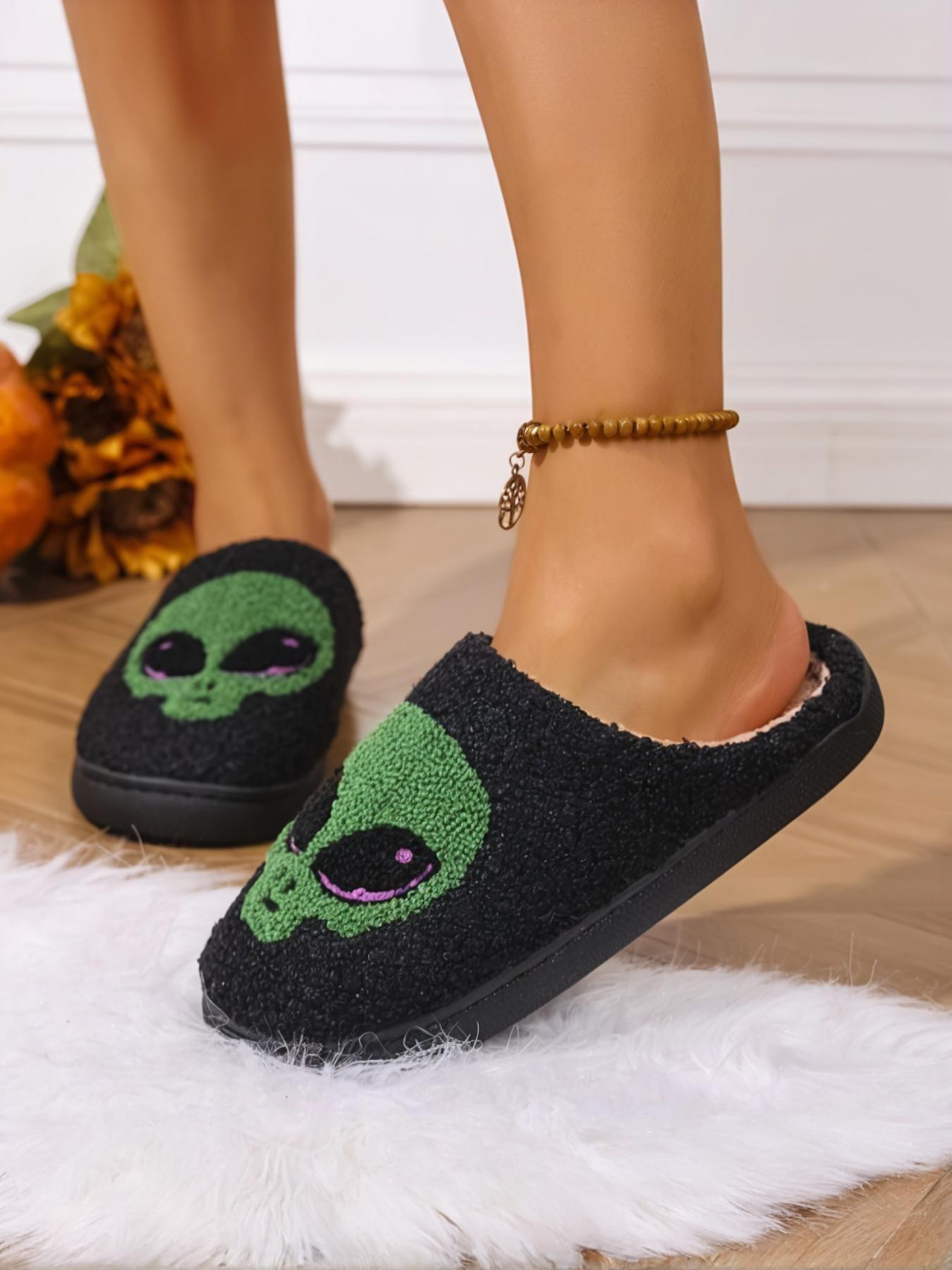 Halloween Comfortable Couple Slippers, Alien Eye Embroidery, Cartoon Pattern, Warm Home Slip-Ons for Women, Casual Textile Design
